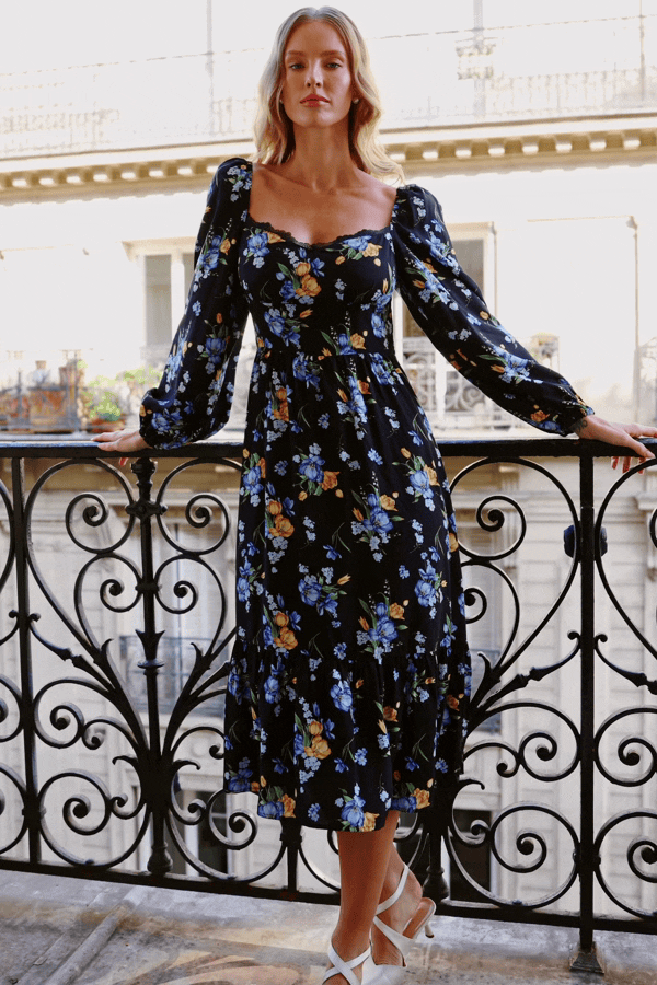 Lange Ärmel Maxikleid mit Blumenmuster und Spitzenbesatz