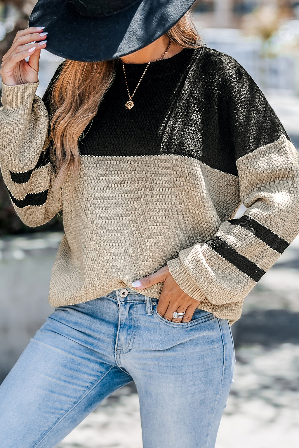 Brauner & schwarzer Colorblock Pullover mit langen Puffärmeln