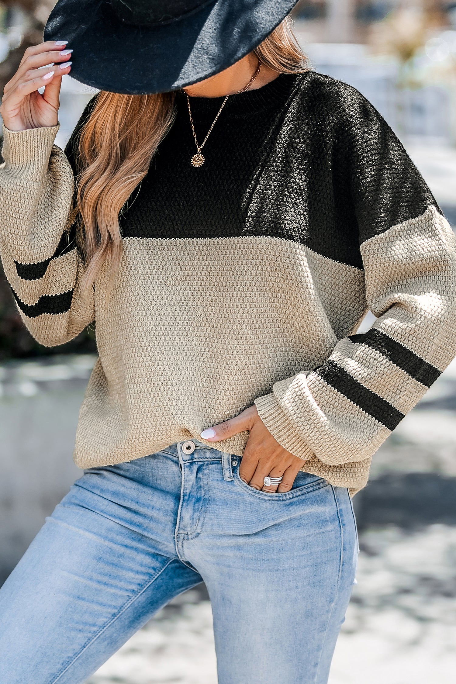 Brauner & schwarzer Colorblock Pullover mit langen Puffärmeln