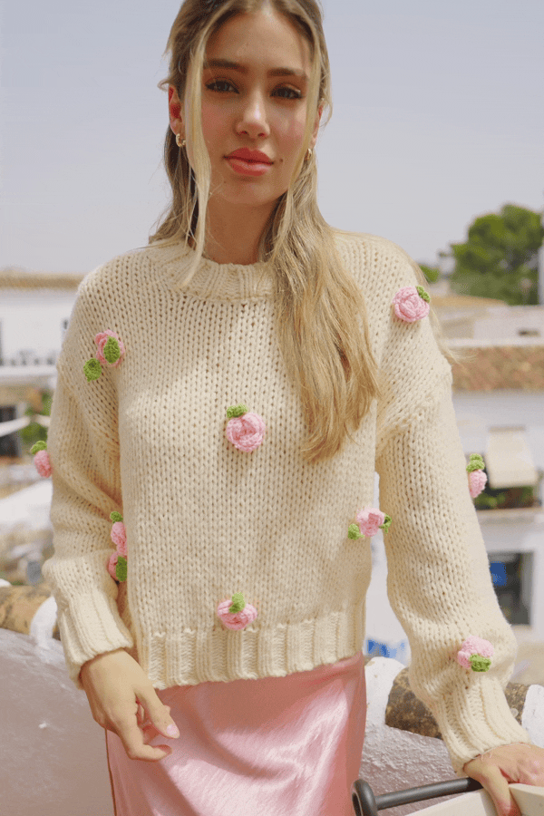 Beiger Rundhals Lange Ärmel Pullover mit Blumendetail