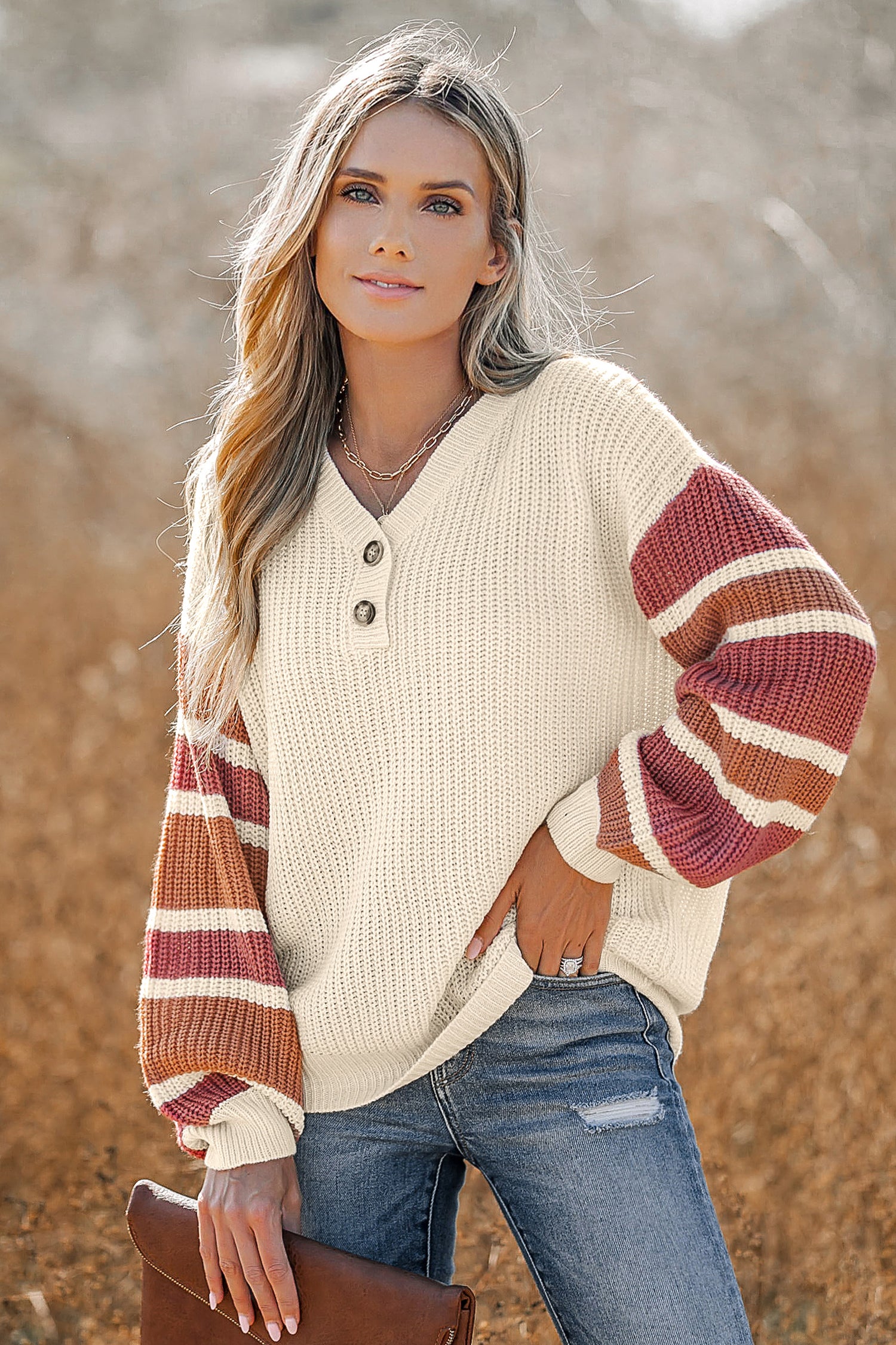 Gestreifter V-Ausschnitt Pullover mit Knopfleiste