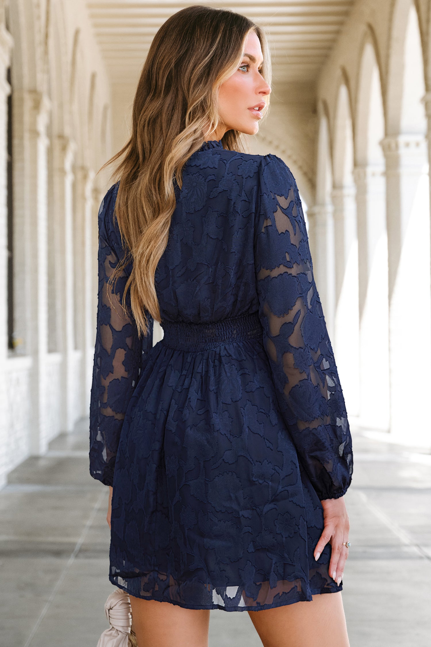 Marineblaues Lange Ärmel Minikleid