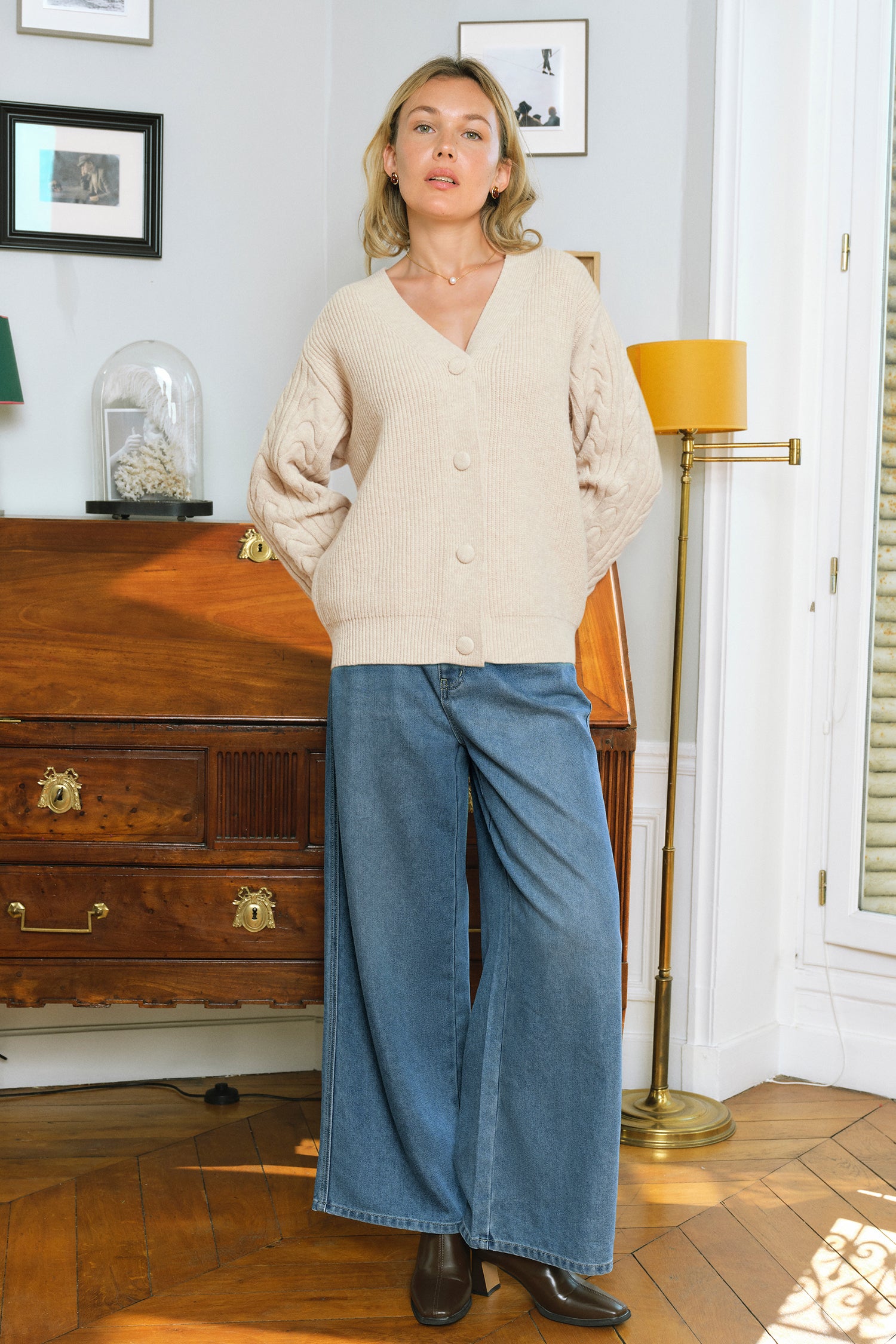 Cremefarbene Lange Ärmel Strickjacke