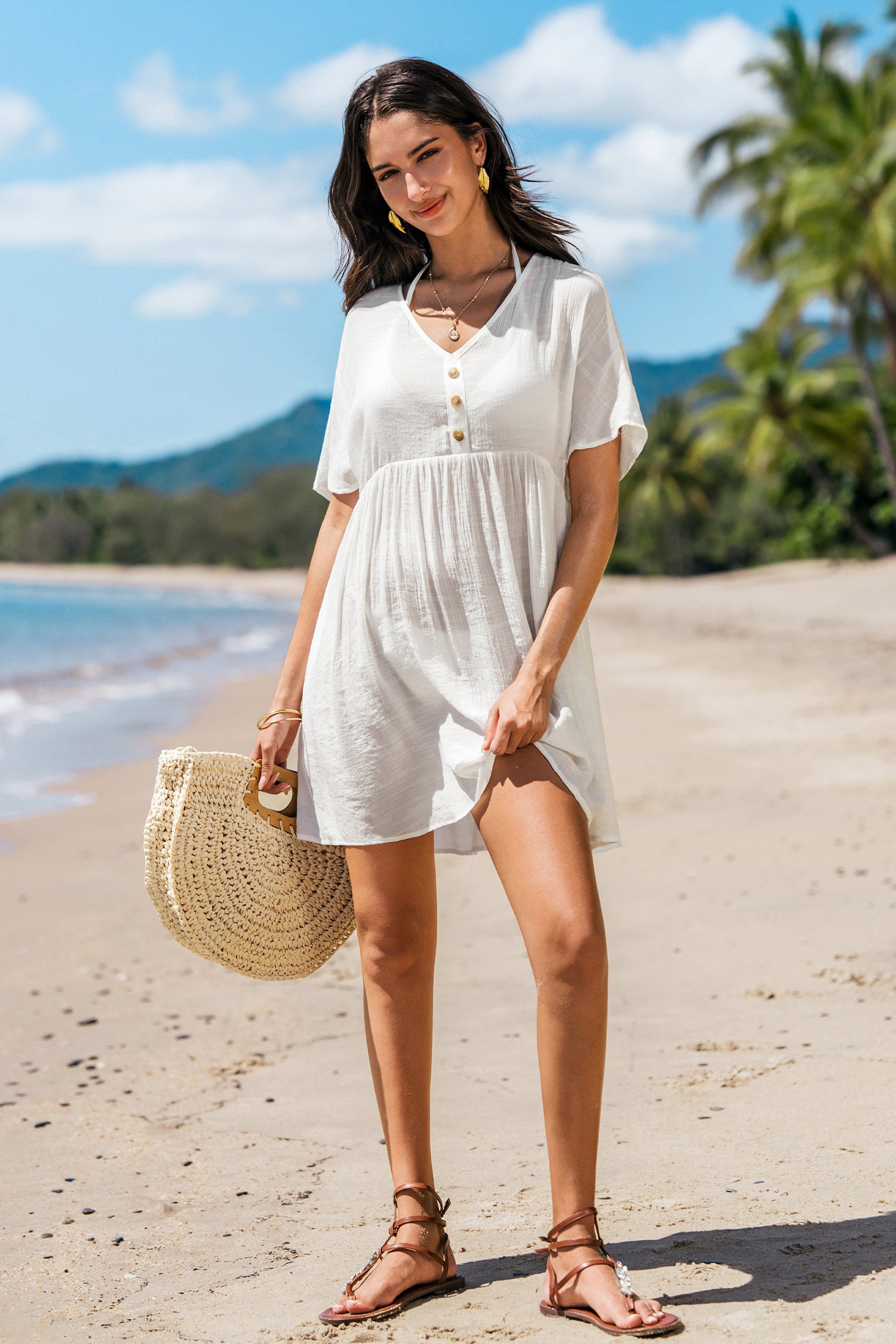 Weißes transparentes V-Ausschnitt Kurzarm Mini-Strandkleid