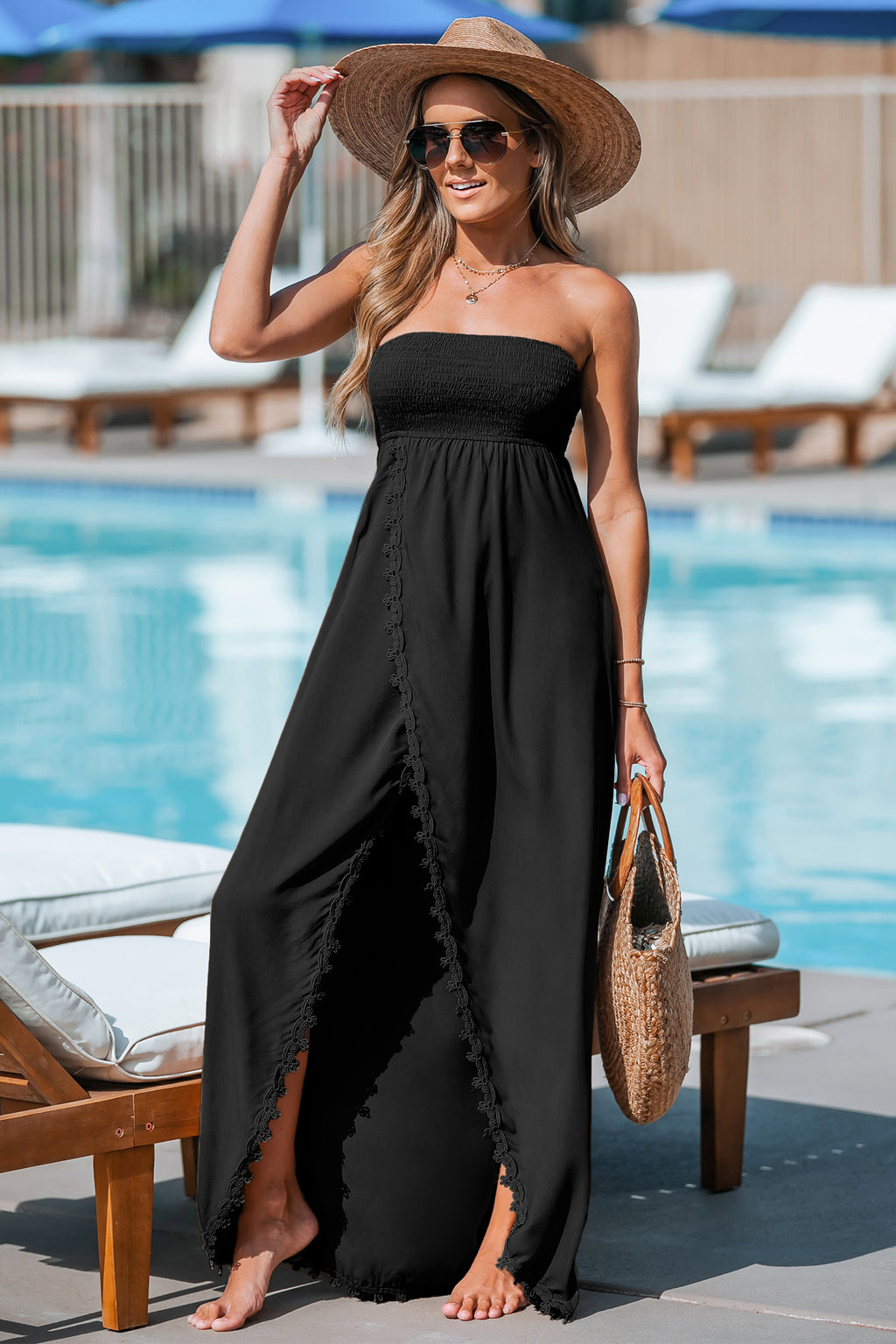 Schwarzes Ärmelloses Maxikleid mit geschlitztem Saum