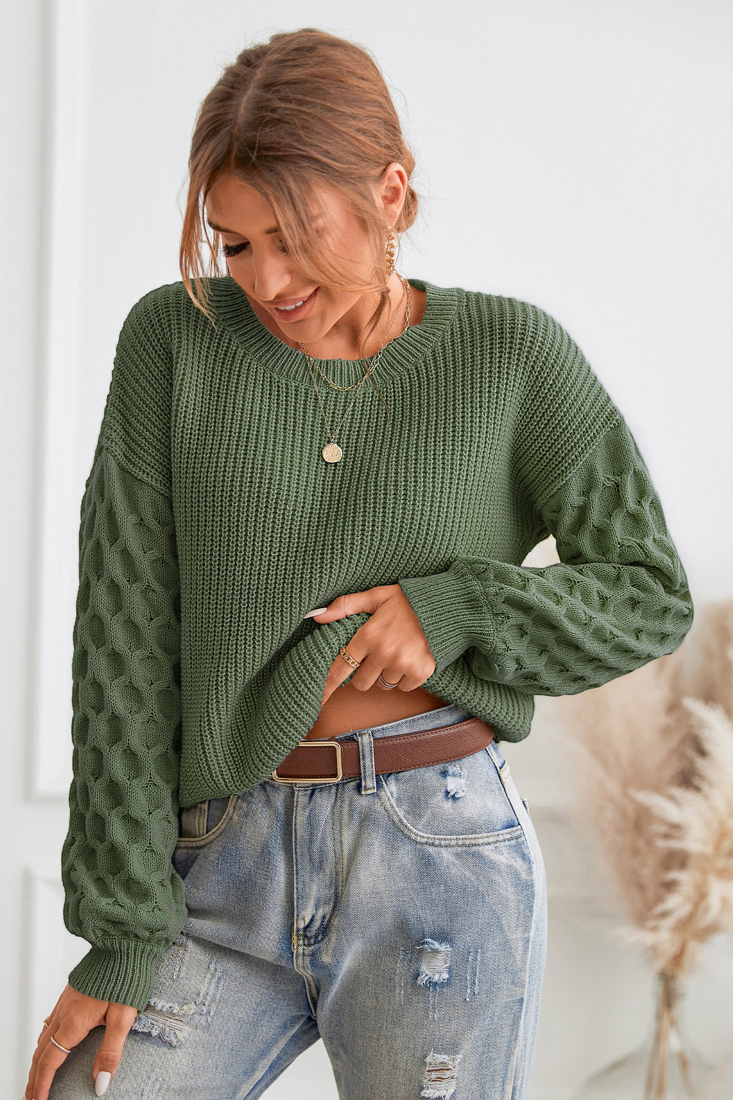 Grüner Puffärmel-Pullover mit Wabenmuster