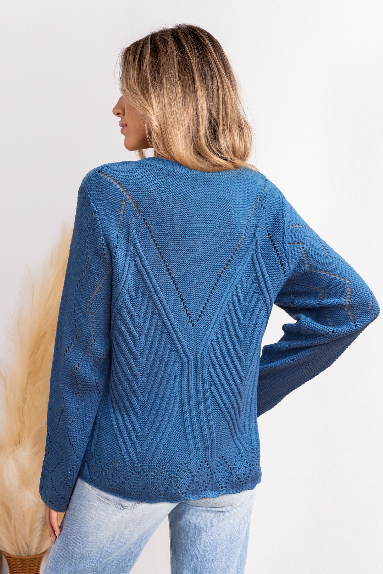 Blauer Lange Ärmel V-Ausschnitt Pullover