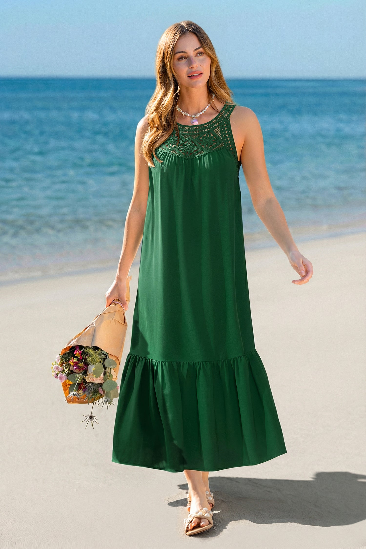 Grünes Ärmelloses Rundhals Maxikleid
