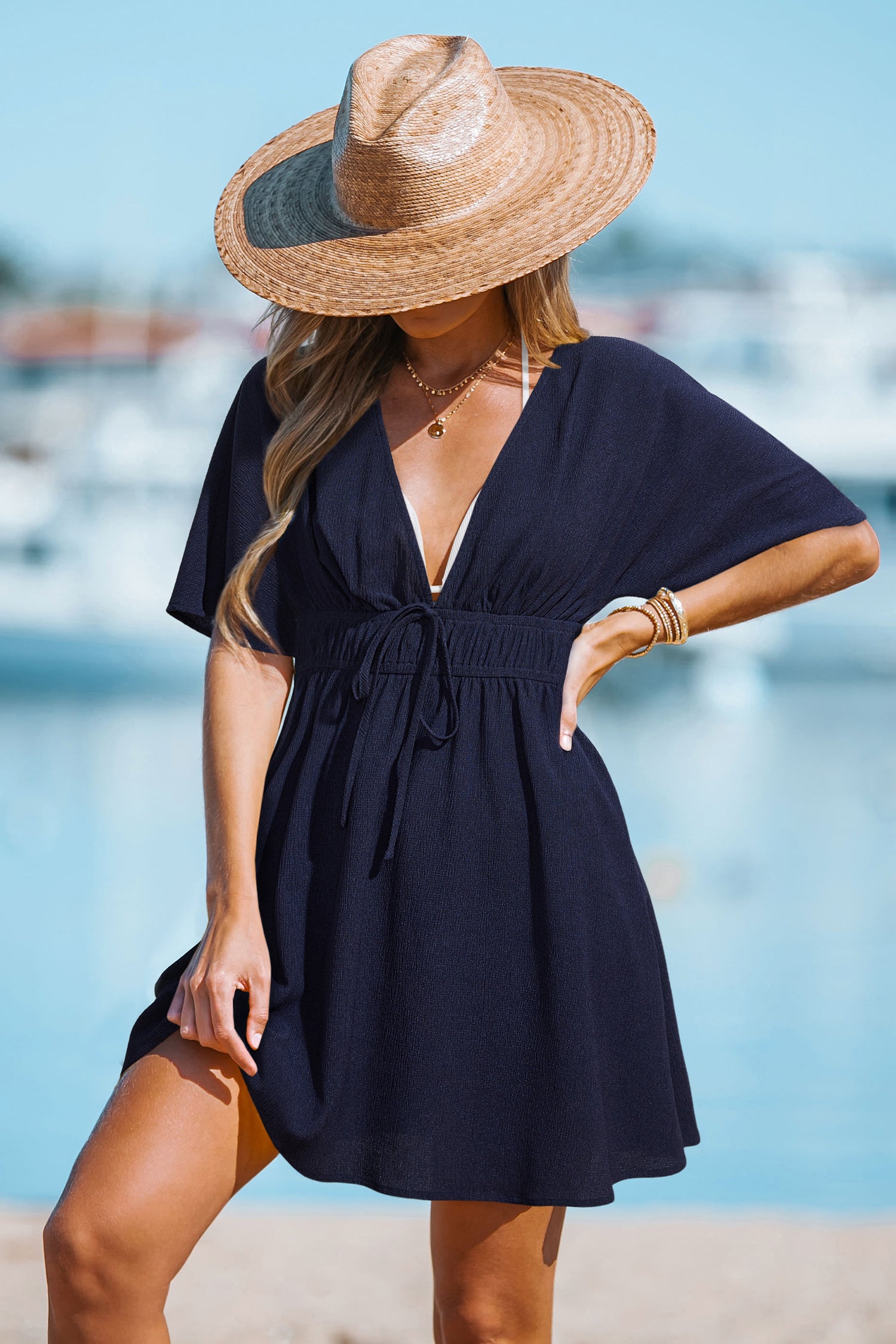 Blaues Tiefer Ausschnitt Kurzarm Mini-Strandkleid