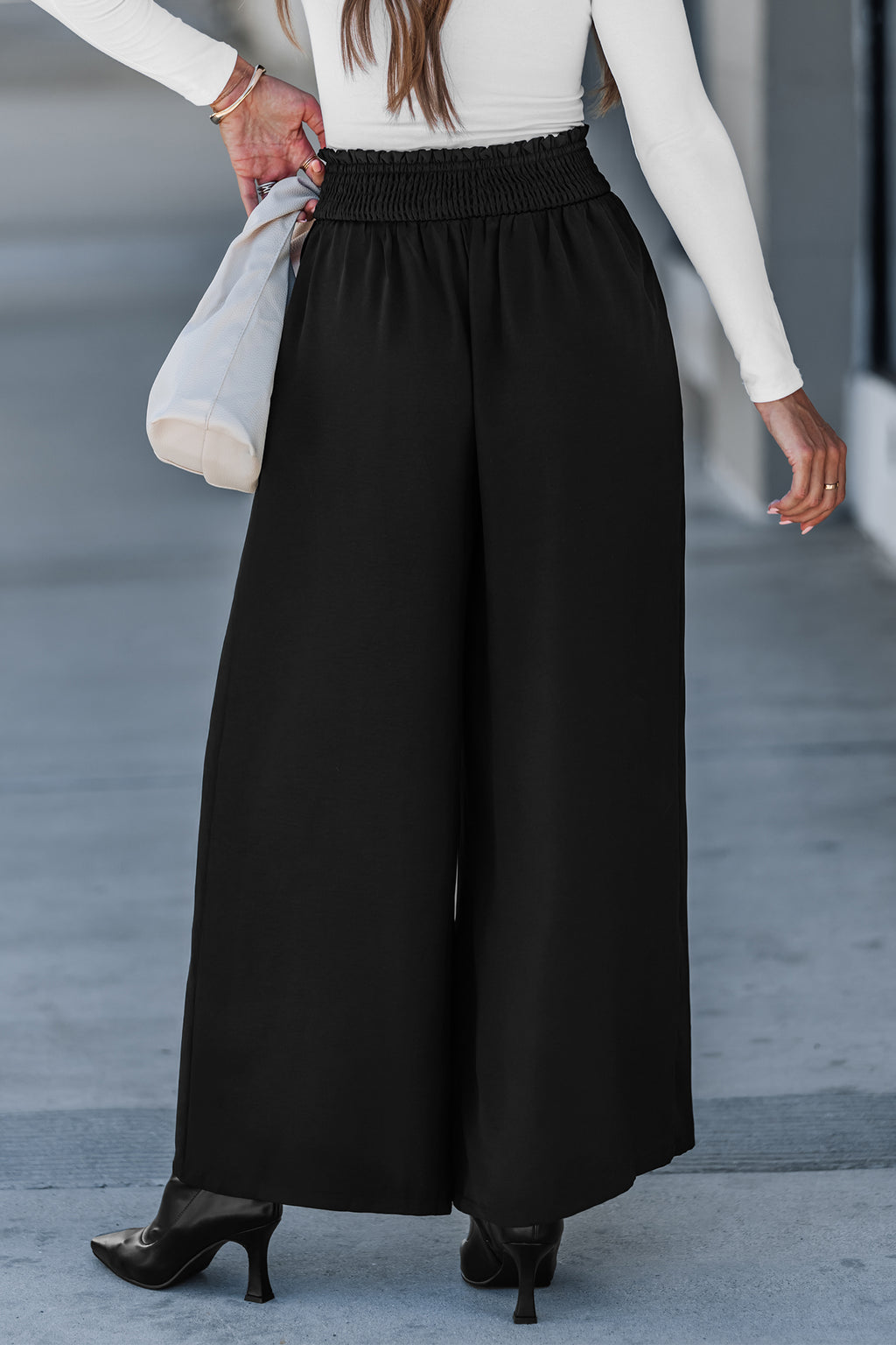 Schwarze Gesmokter Bund Hose mit Kordelzug