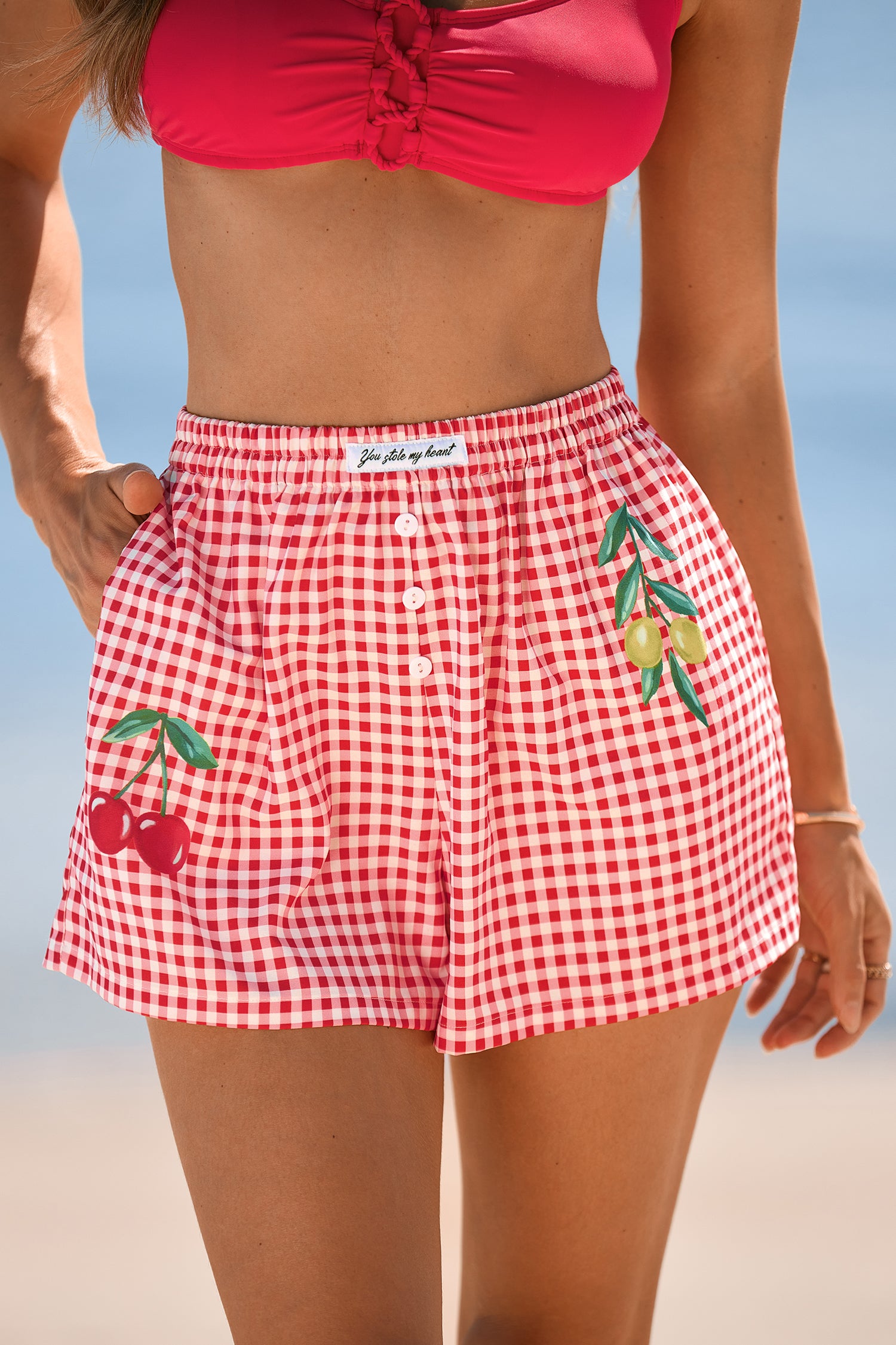 Rote Gingham Elastischer Bund Shorts