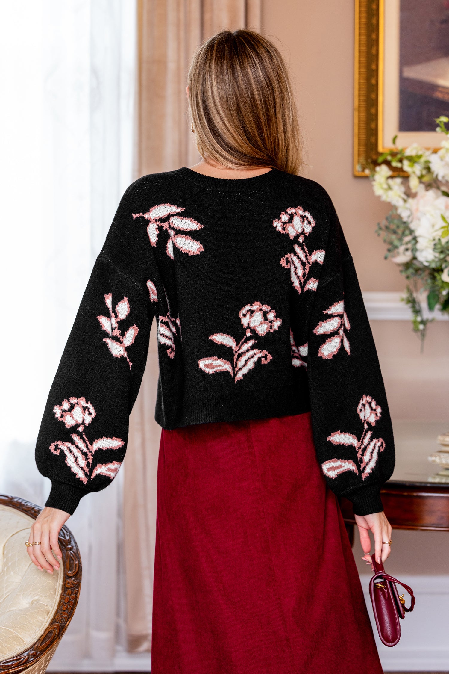 Schwarzer Geblümter Rundhals Pullover
