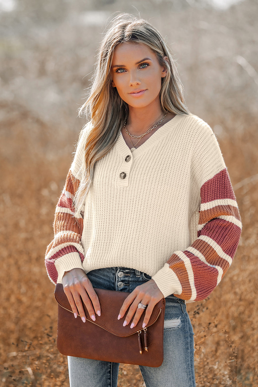Gestreifter V-Ausschnitt Pullover mit Knopfleiste
