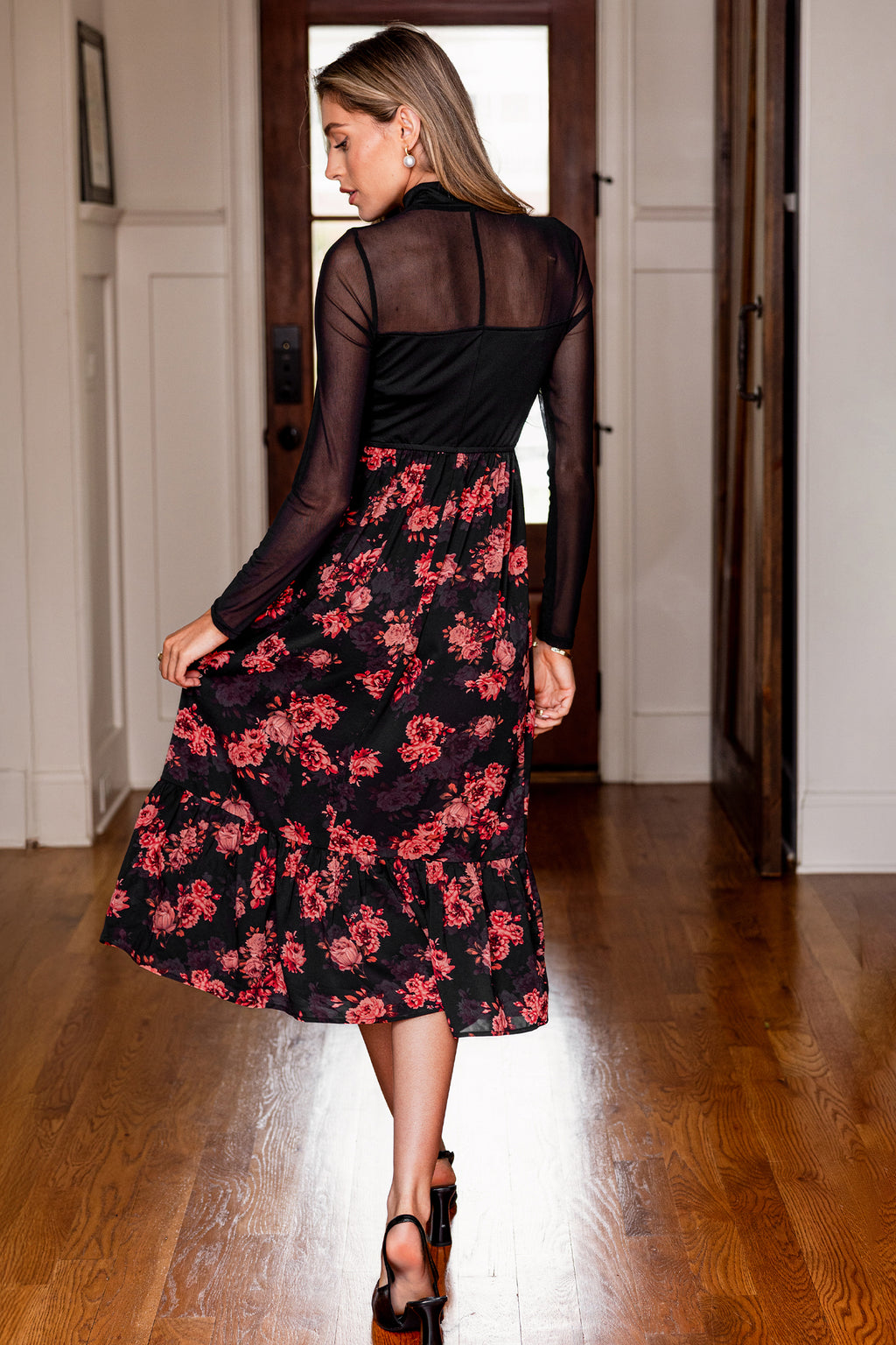 Hoher Ausschnitt Midikleid mit Mesh-Einsatz und Blumenmuster
