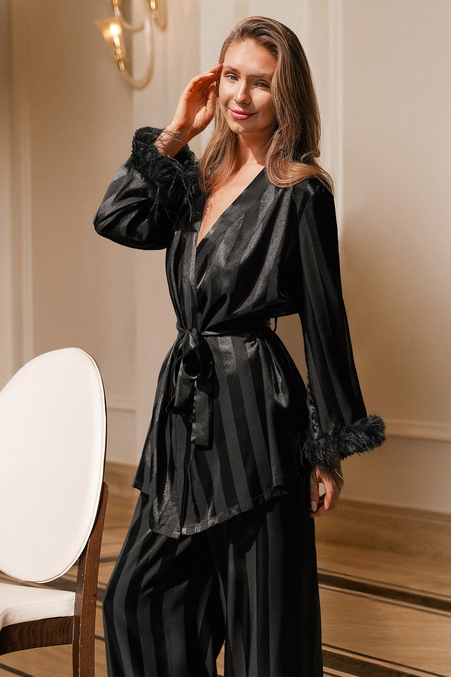 Schwarzes Langarm Pyjama-Set mit Taillenband