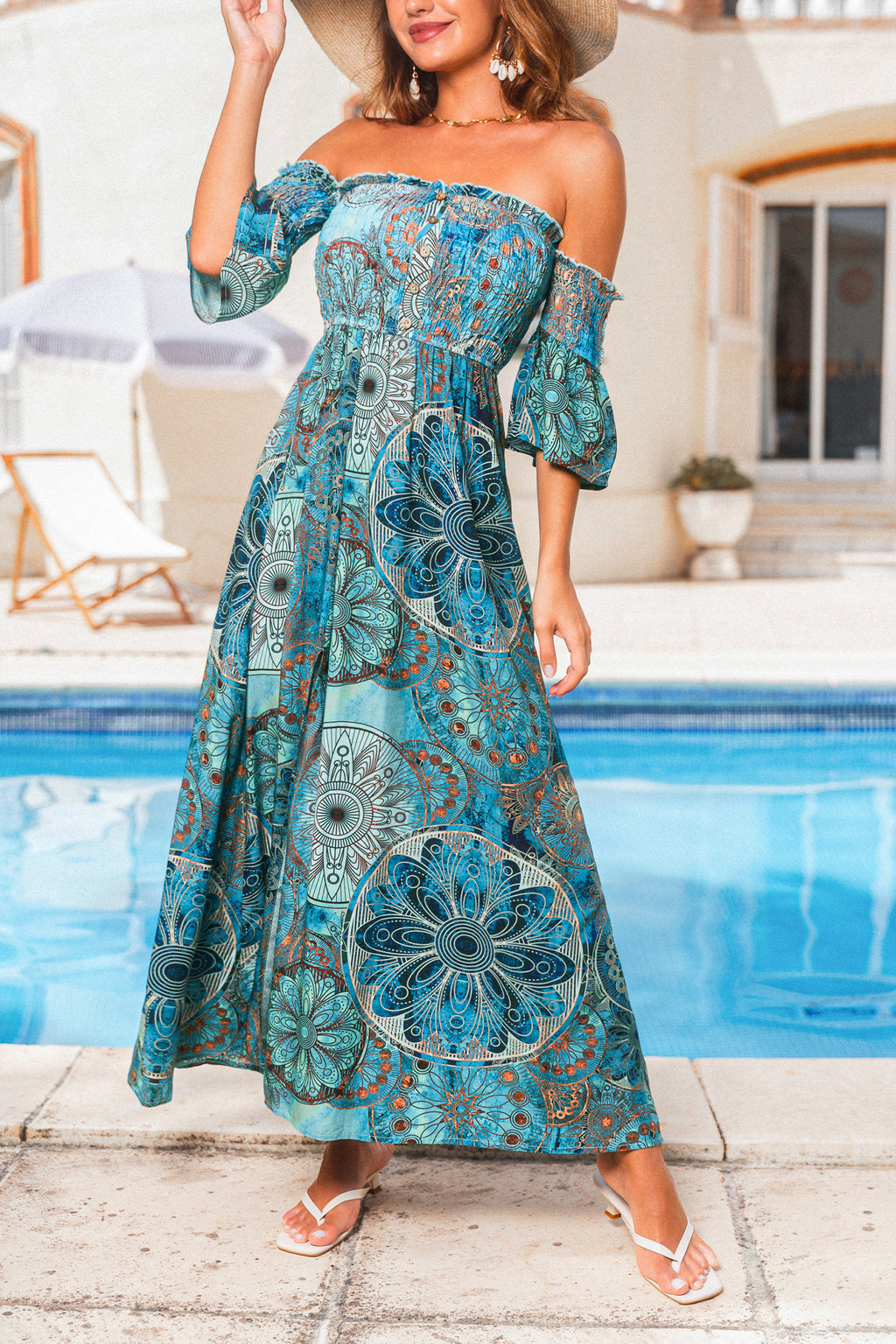 Boho Gesmoktes schulterfreies Maxikleid