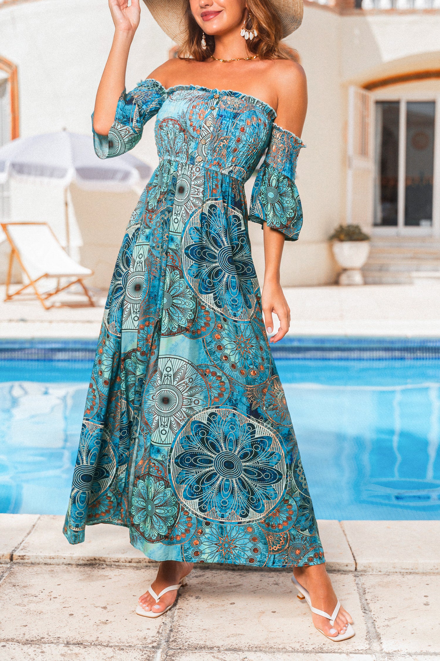 Boho Gesmoktes schulterfreies Maxikleid