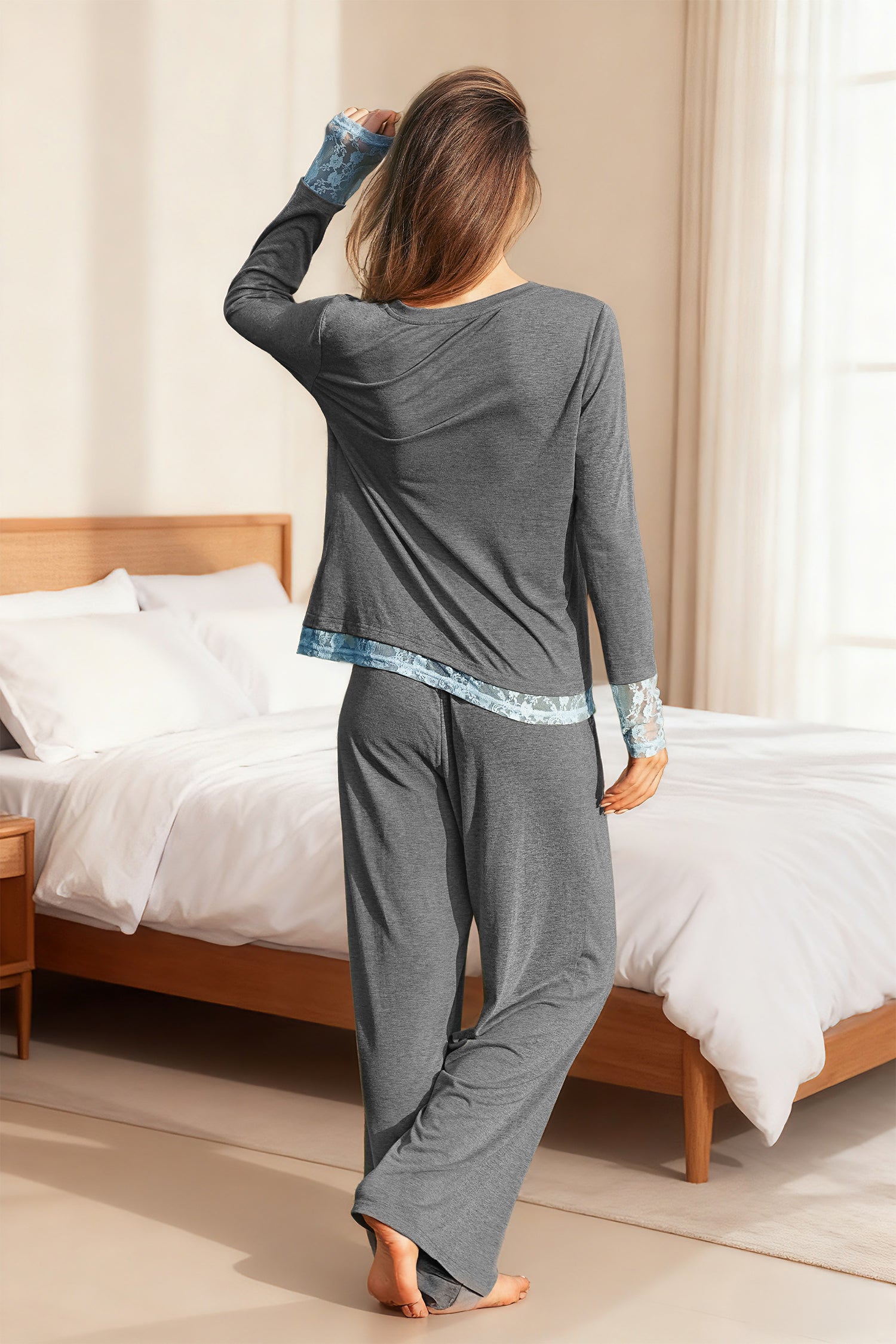 Graues Langarm Pyjama-Set
