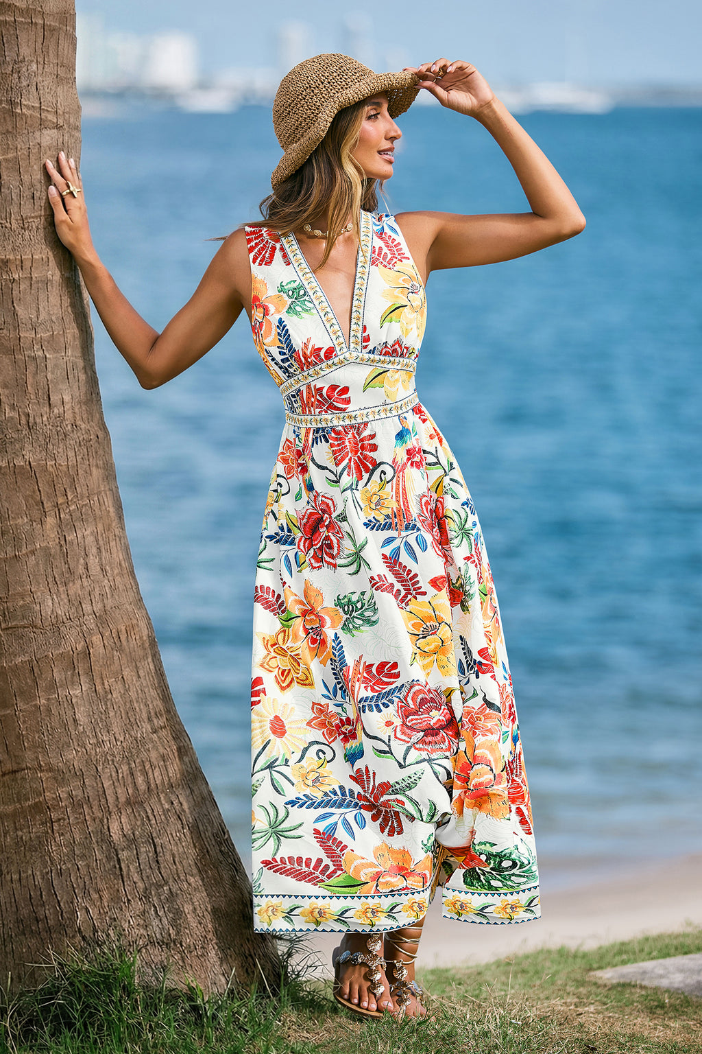 Tropisches Tiefer Ausschnitt Maxi-Strandkleid