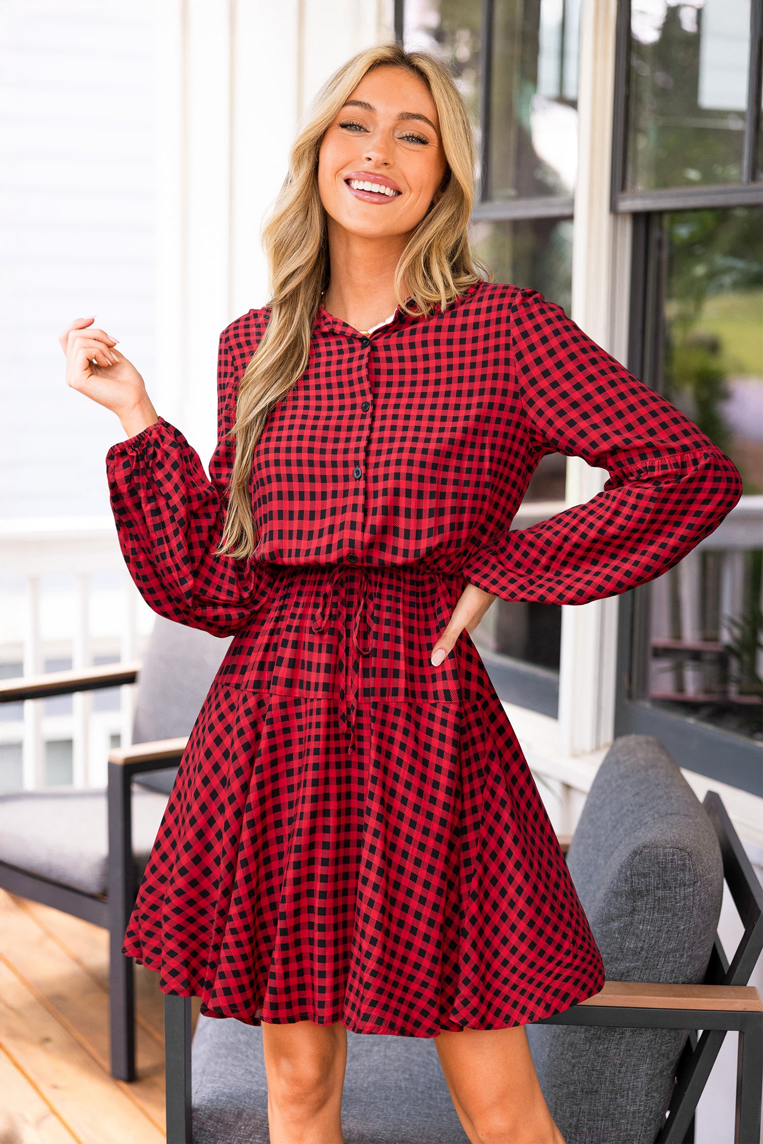 Rotes Kariertes Lange Ärmel Minikleid
