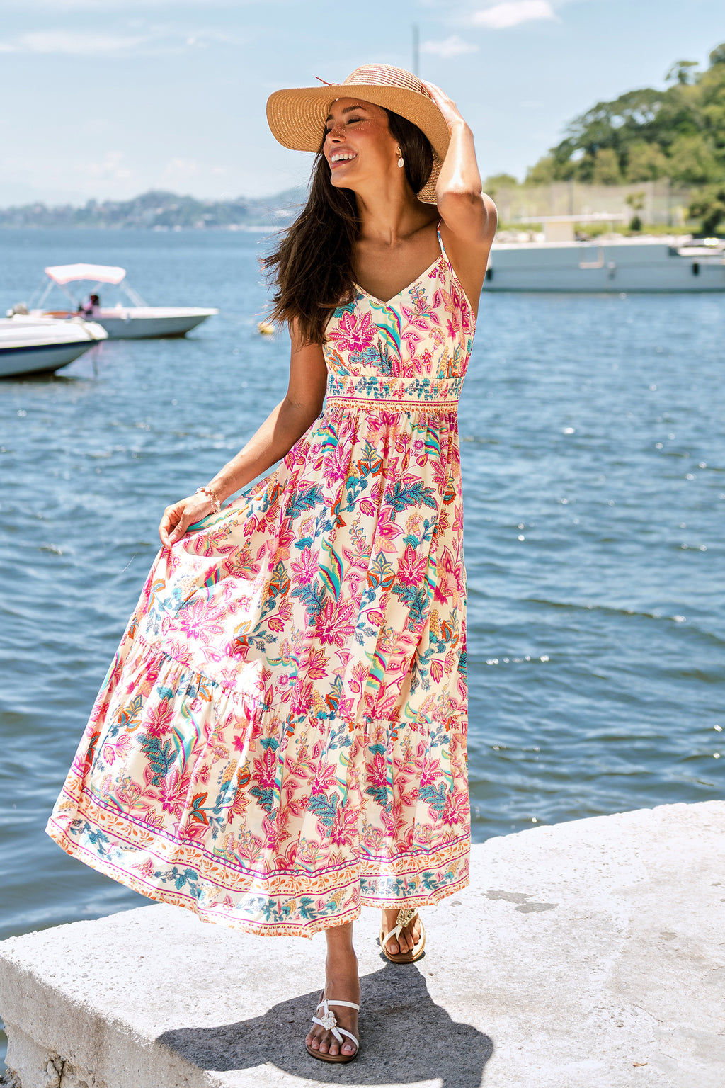 Rosa Paisley Ärmelloses Maxi-Strandkleid