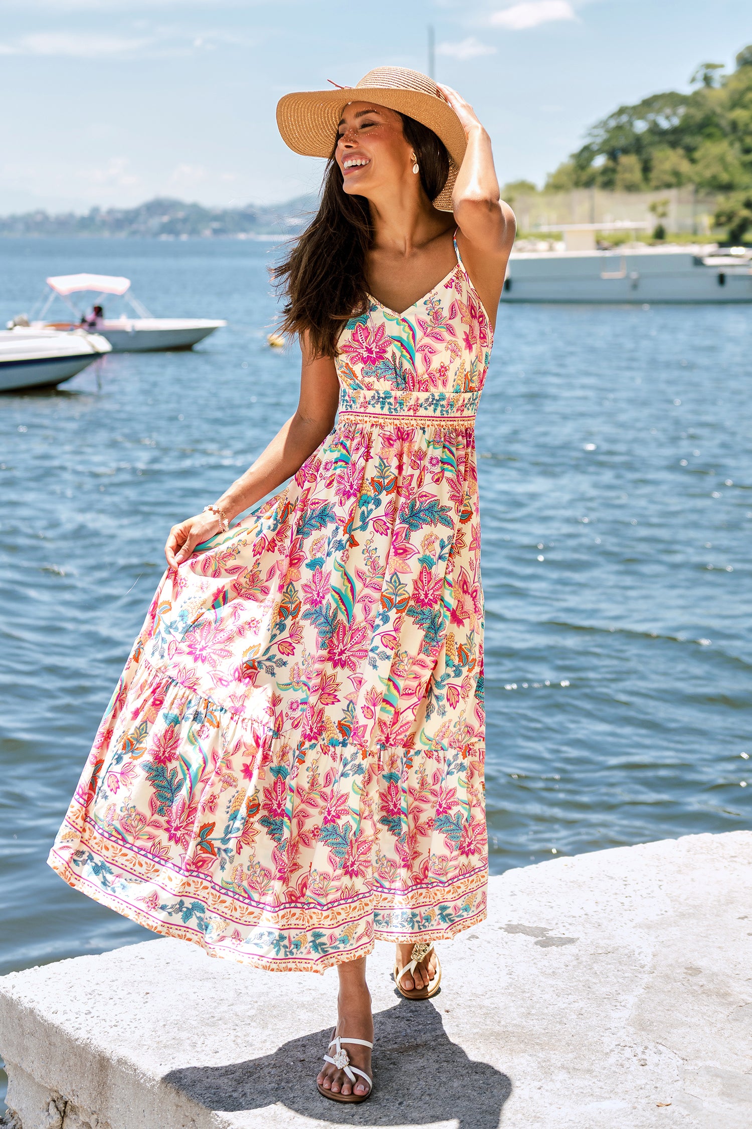 Rosa Paisley Ärmelloses Maxi-Strandkleid