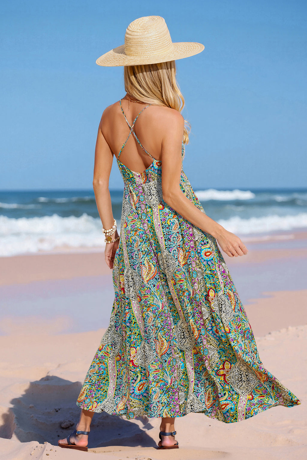 Ärmelloses Tiefer Ausschnitt Maxikleid mit Paisley-Muster