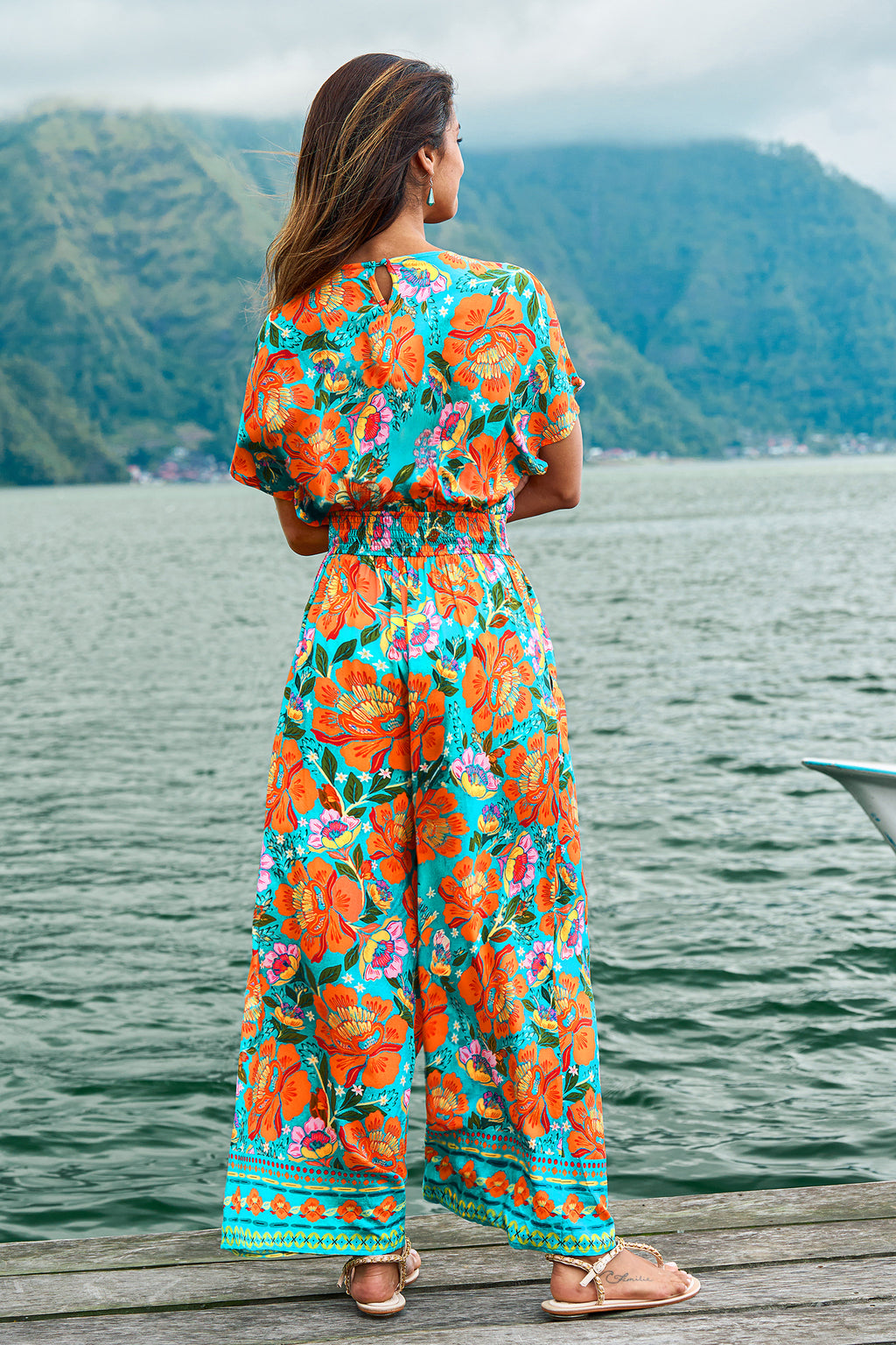 Blumiger Wickel-Jumpsuit mit elastischem Bund