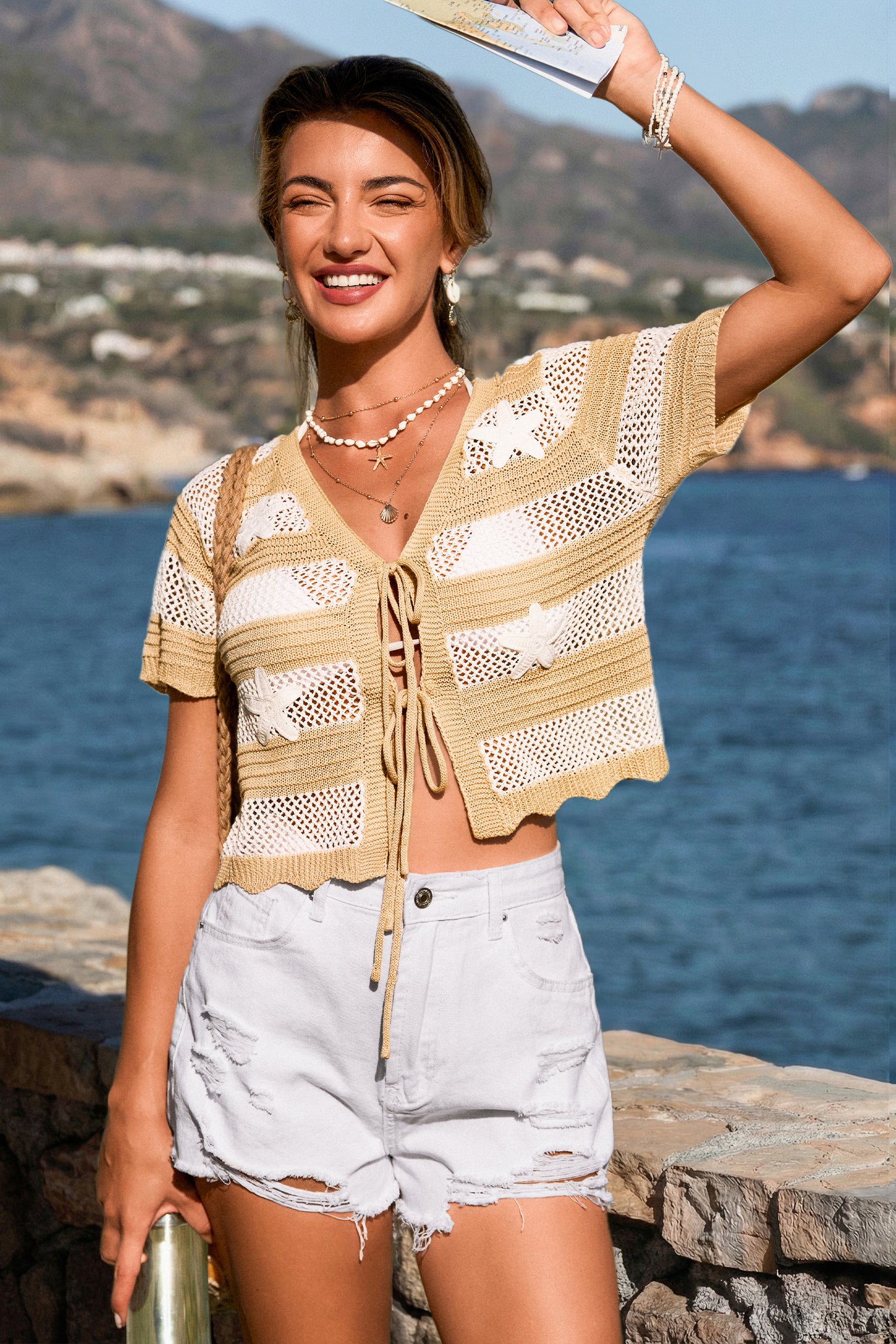 Kahki Gestreiftes Kurzarm Strick-Strand-Top