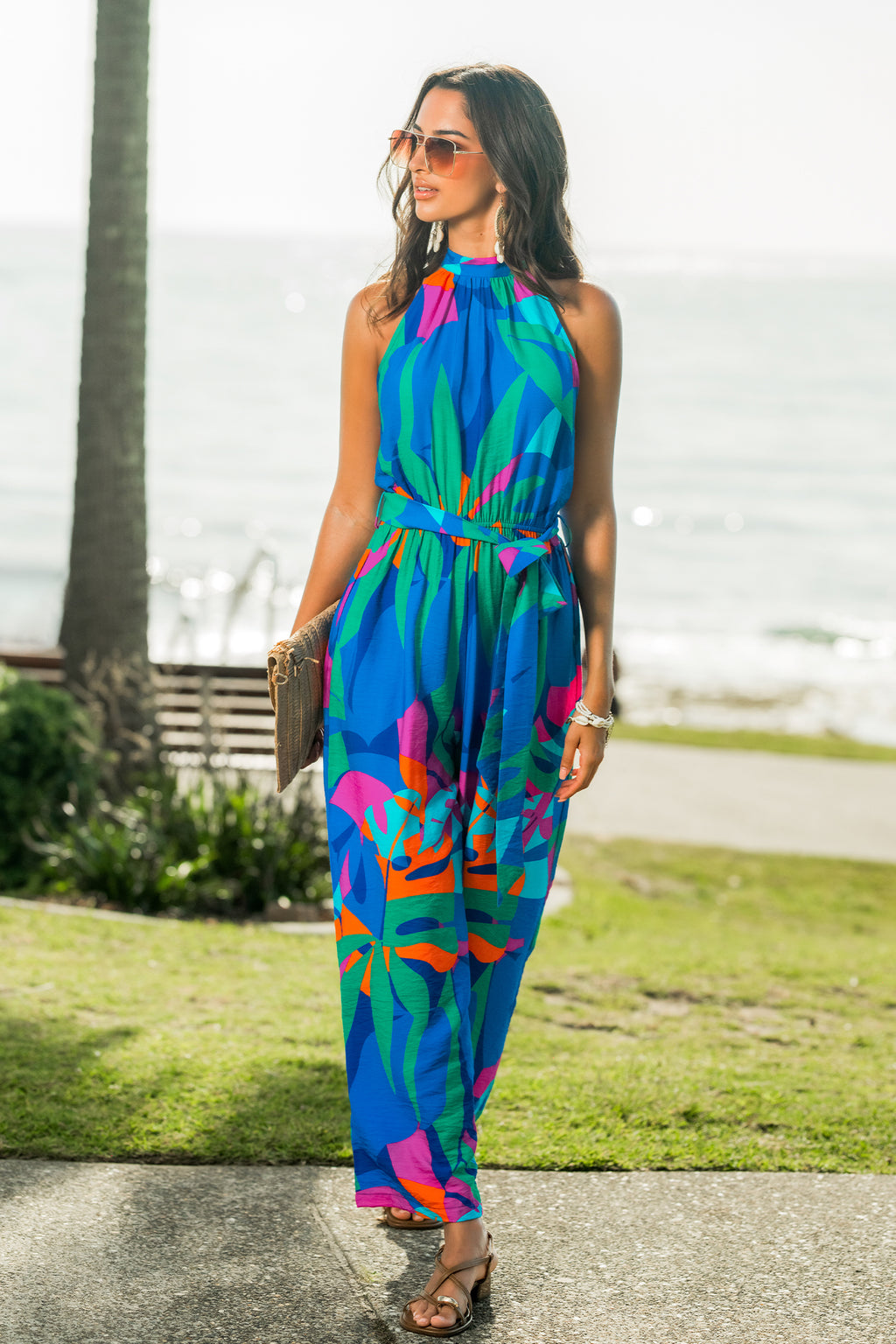 Blauer Tropischer Ärmelloser Jumpsuit mit Taillenband