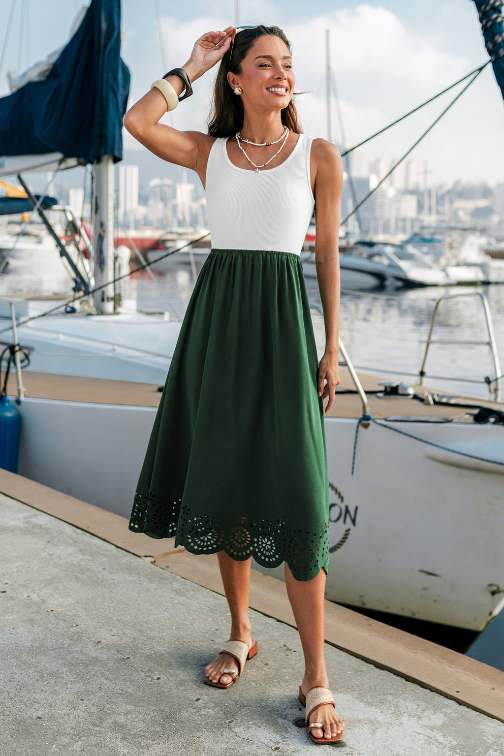 Grünes Farbblock Midi-Urlaubs-Sommerkleid