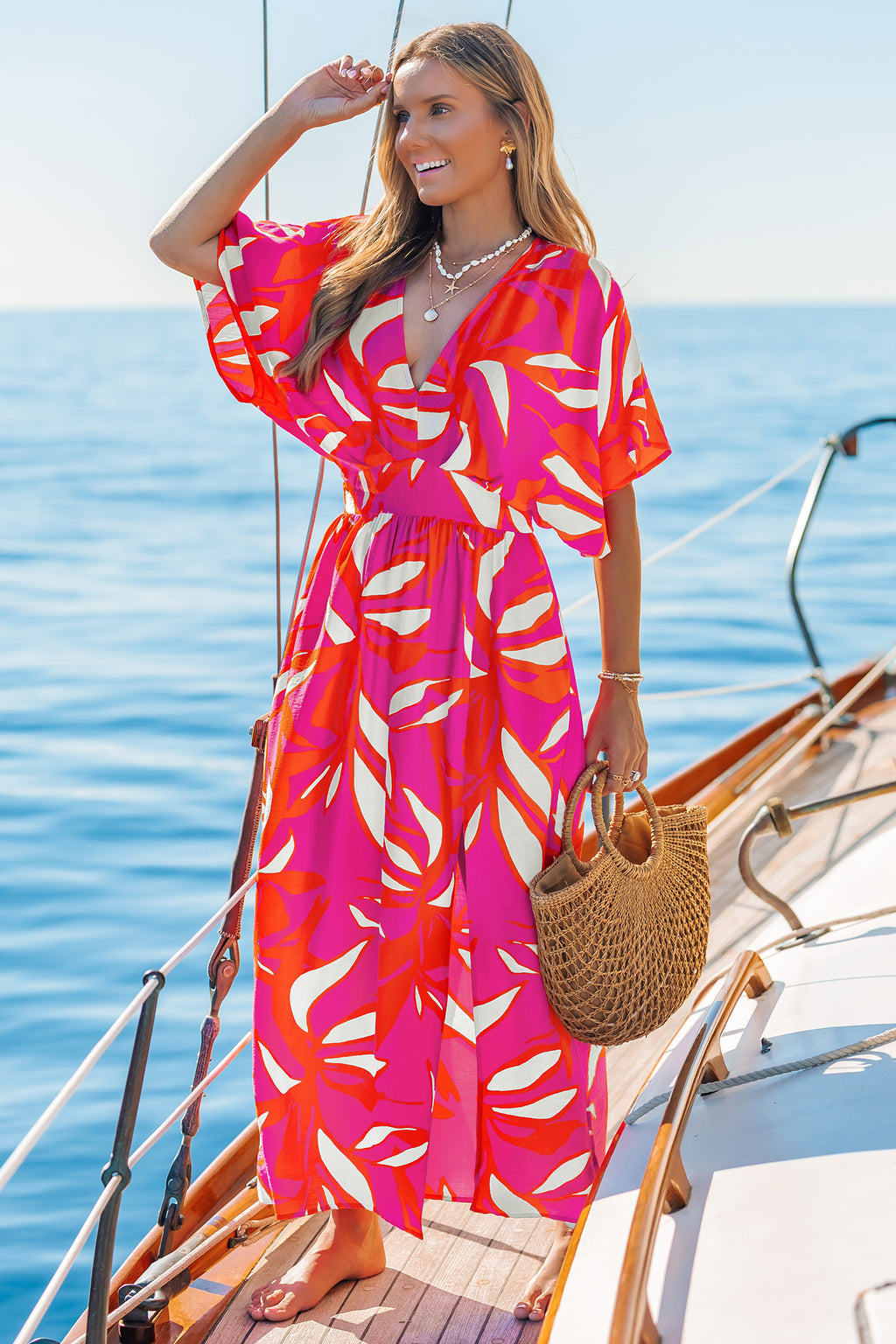 Rotes Tropisches Midi-Strandkleid mit Fledermausärmeln