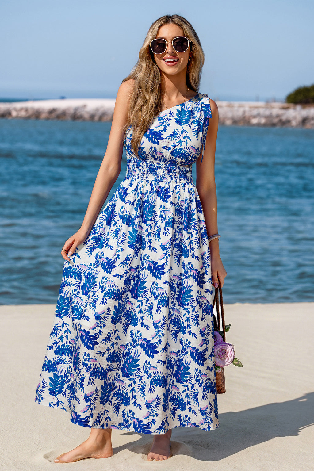 Blau Tropisches Asymmetrischer Ausschnitt Maxi-Strandkleid