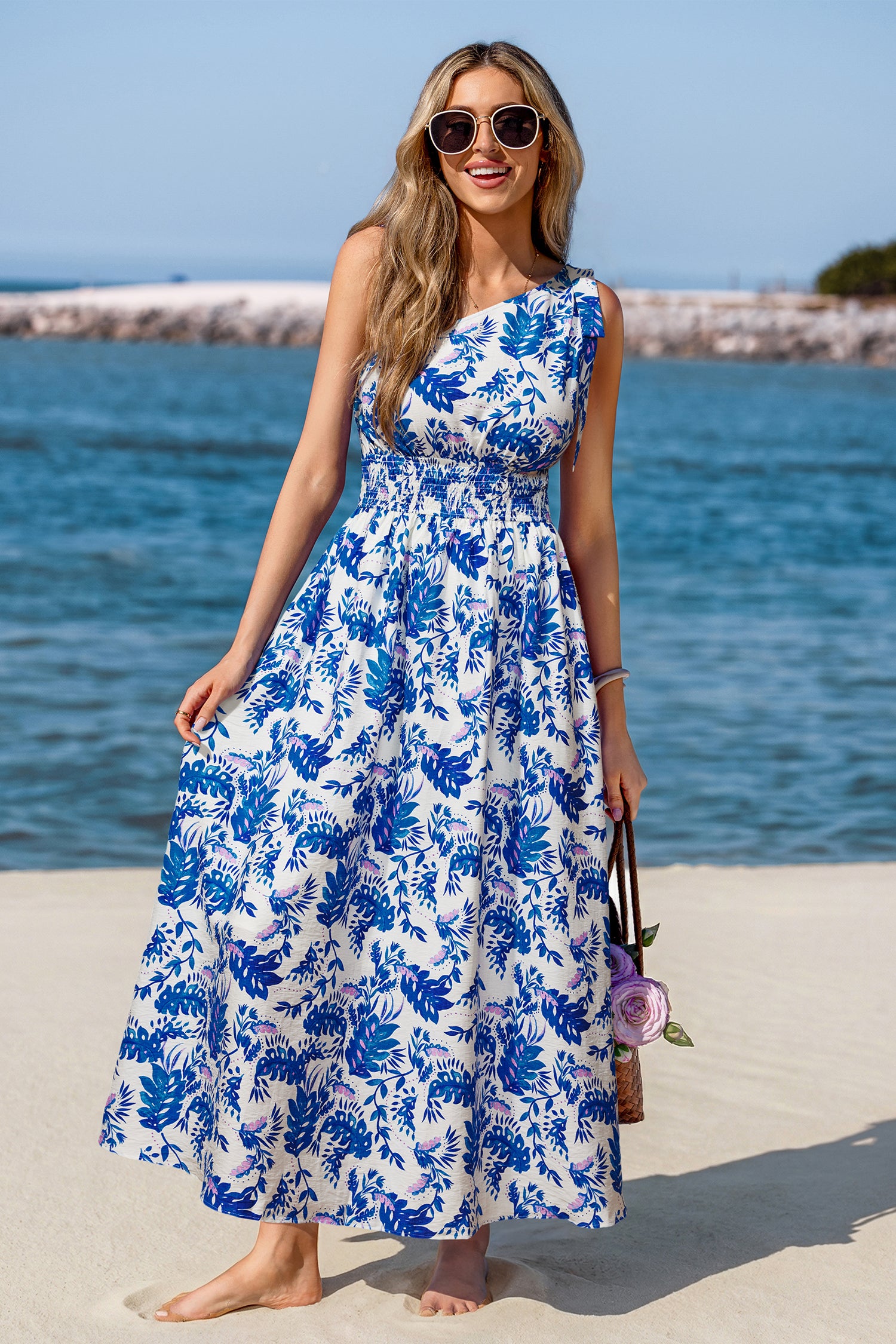 Blau Tropisches Asymmetrischer Ausschnitt Maxi-Strandkleid