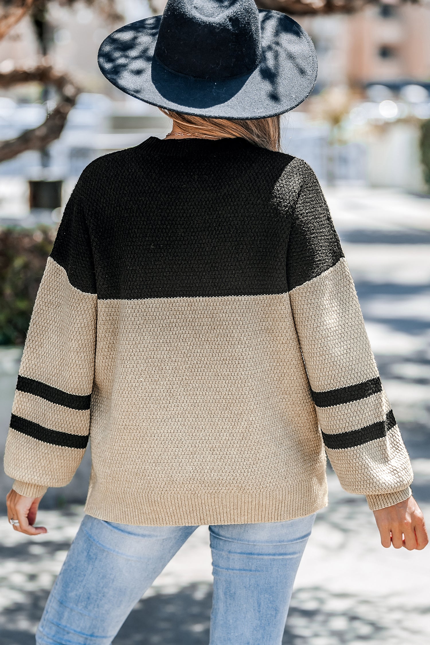 Brauner & schwarzer Colorblock Pullover mit langen Puffärmeln