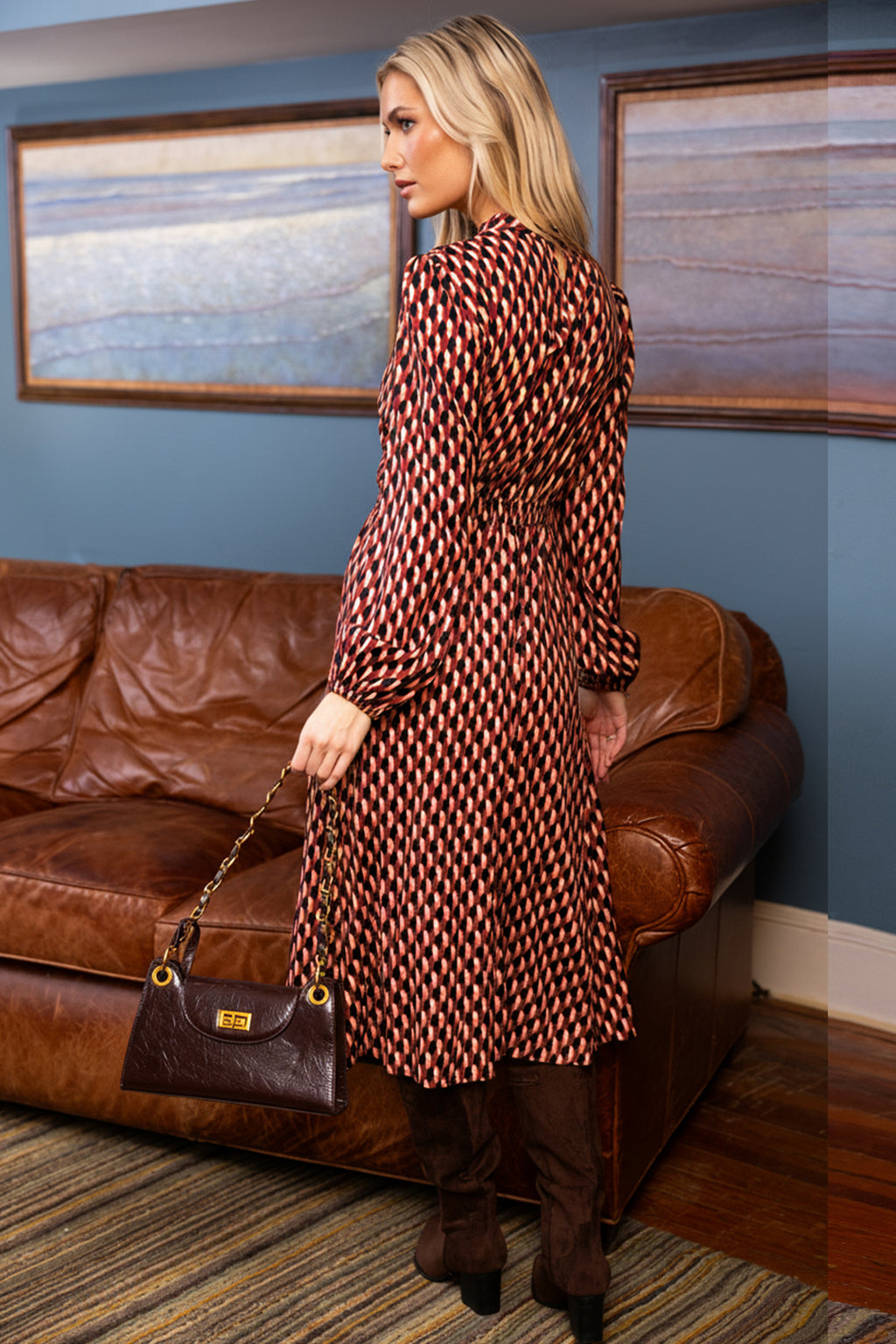 Geoprint Hoher Ausschnitt Langarm-Maxikleid
