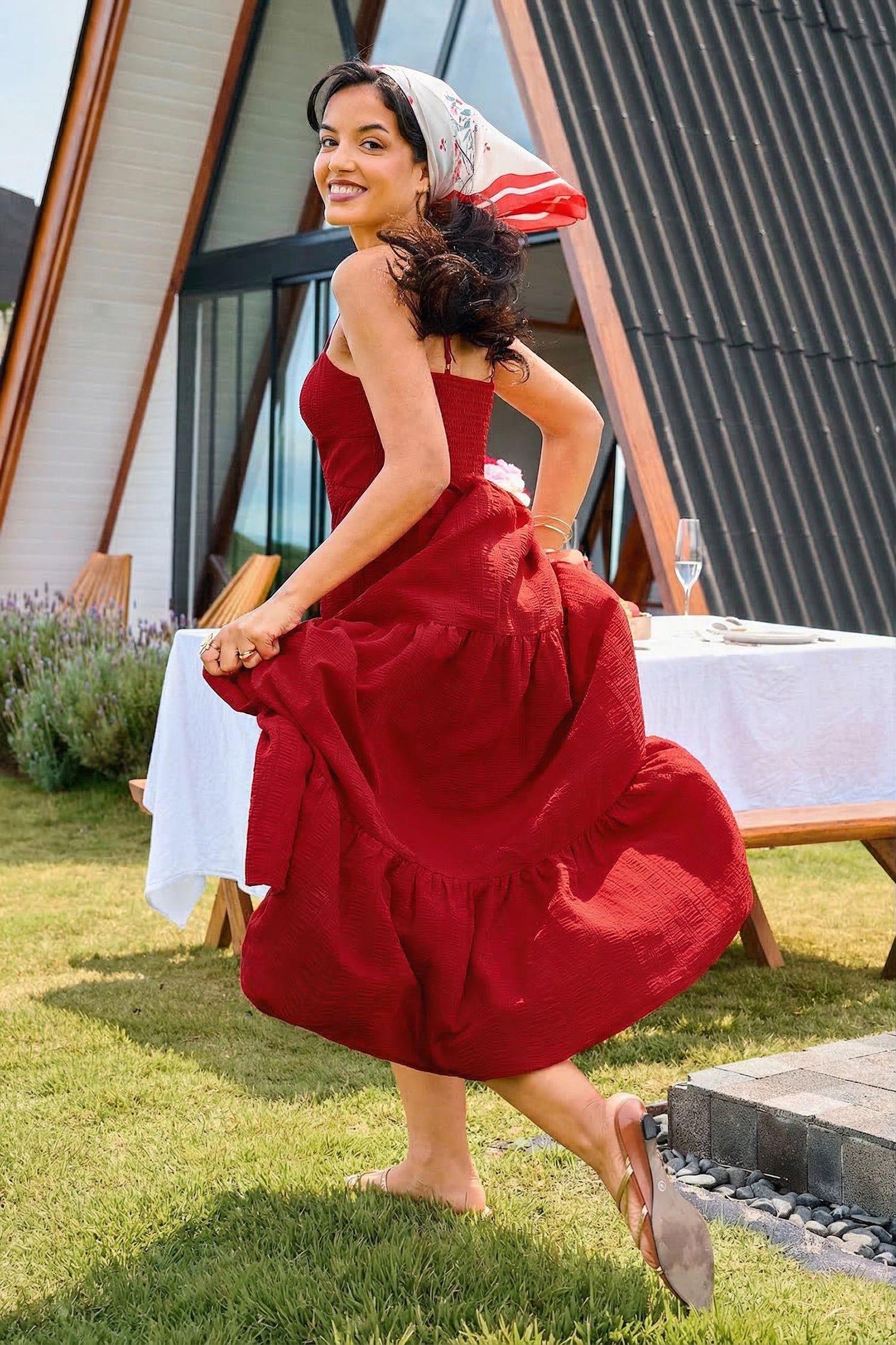 Rotes Festliches Maxi-Trägerkleid mit Knoten-Detail