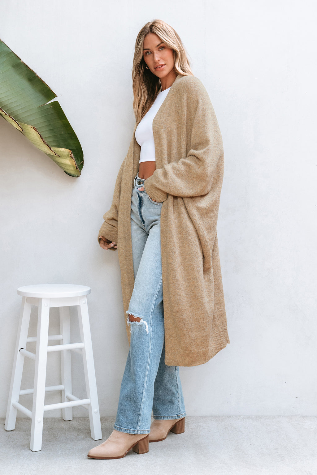 Beige Lange Strickjacke mit Dolman-Ärmeln