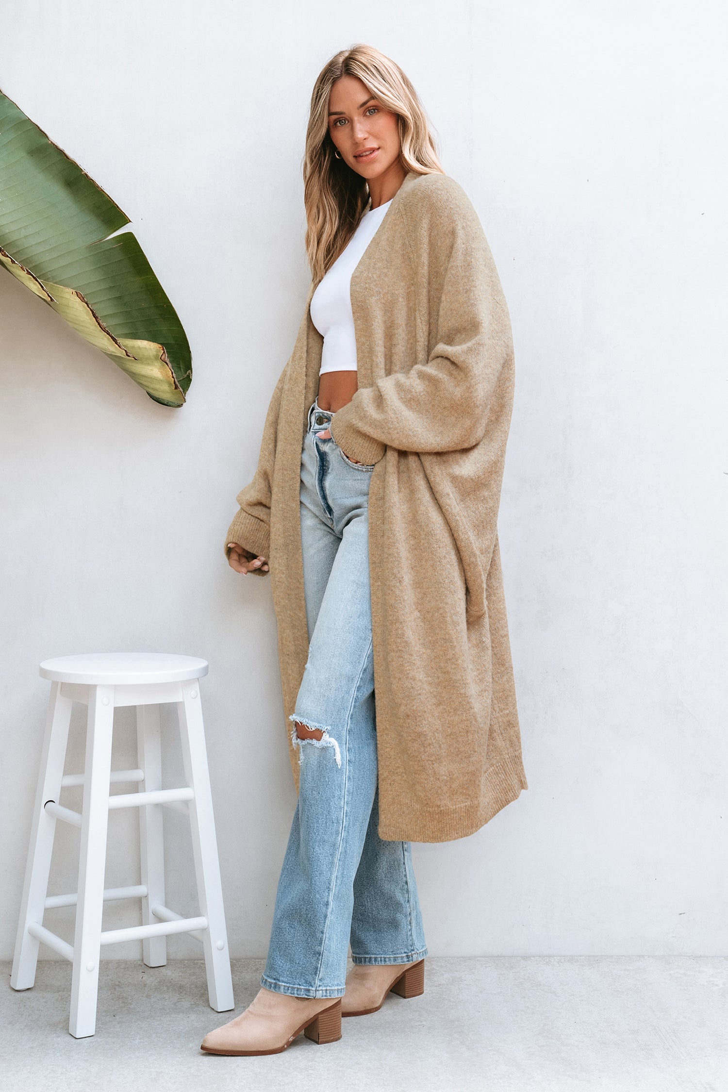 Beige Lange Strickjacke mit Dolman-Ärmeln