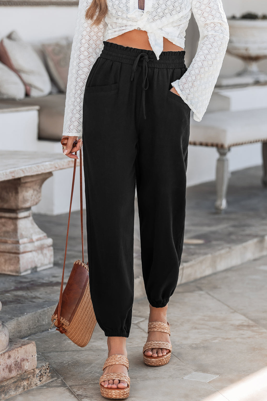 Schwarze Elastischer Bund Hose mit Tasche