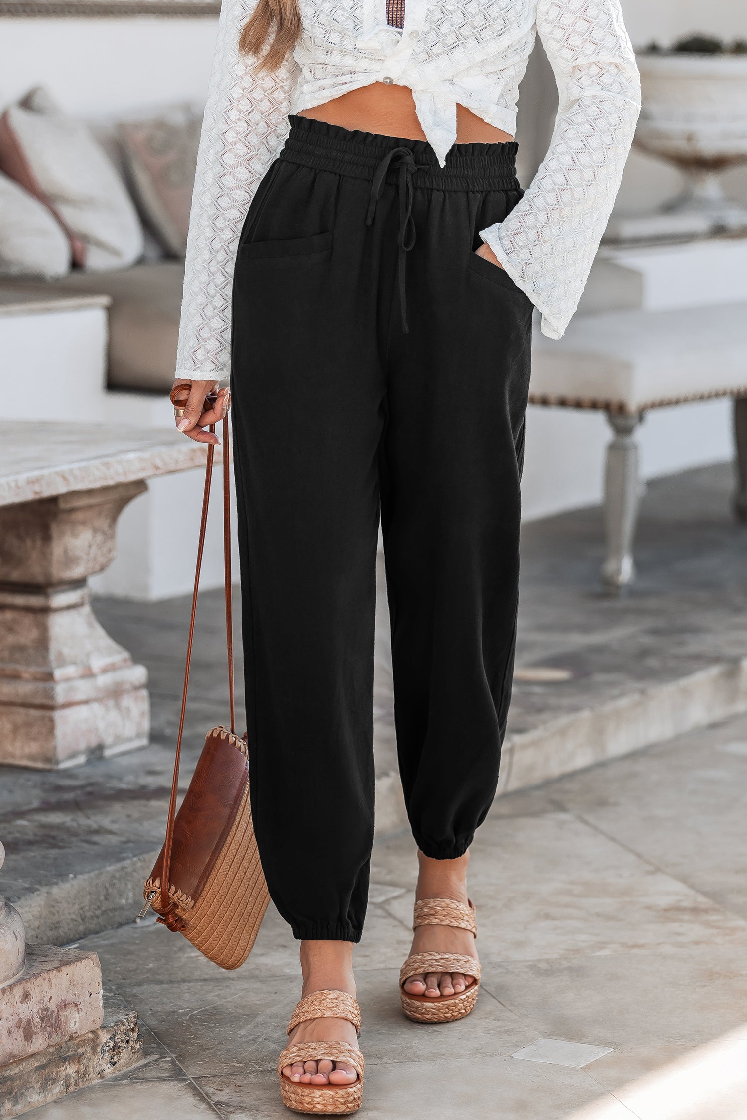 Schwarze Elastischer Bund Hose mit Tasche