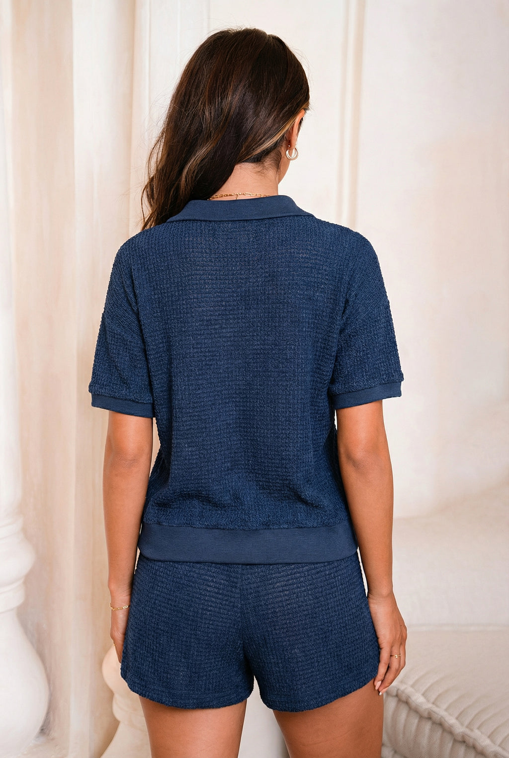 Blaues Kurzarm Pyjama-Set aus Waffelstrick