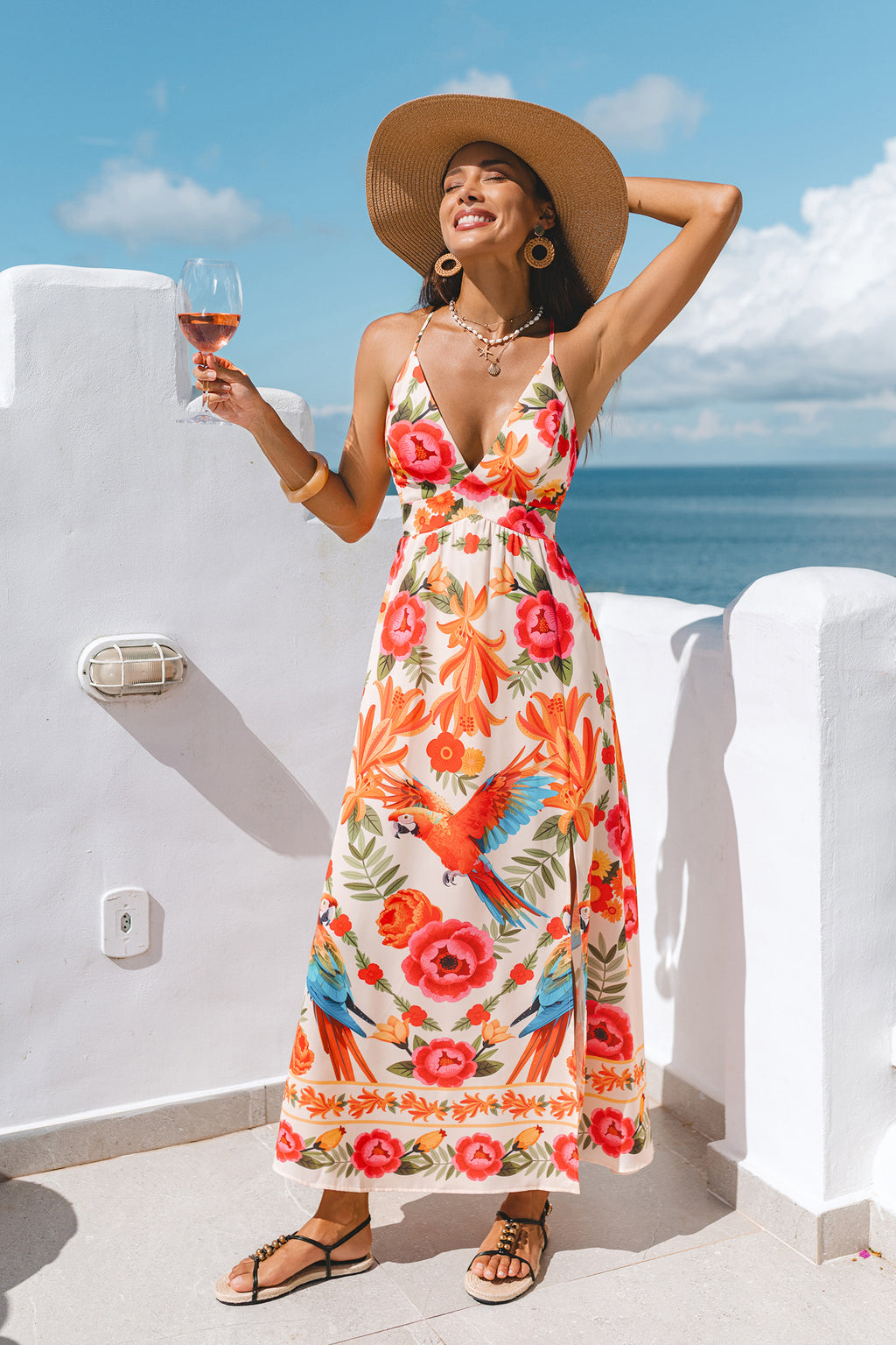 Geblümtes Ärmelloses Maxi-Strandkleid