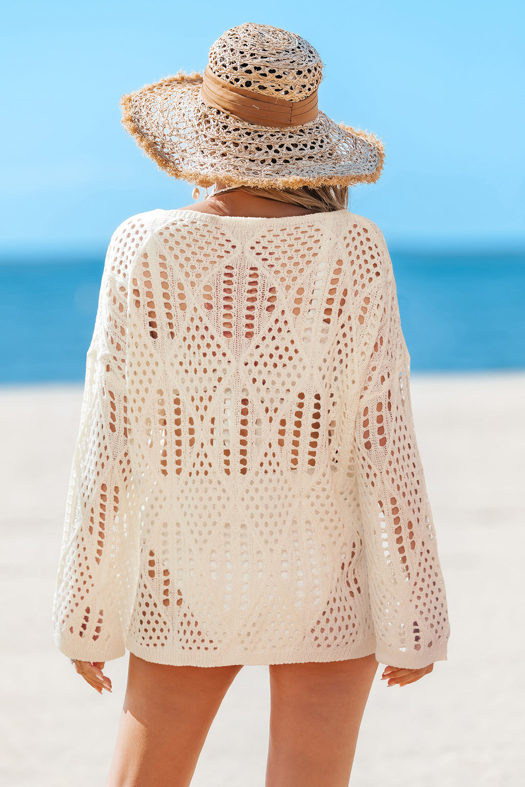Beiges Langarm Strick-Strand-Top