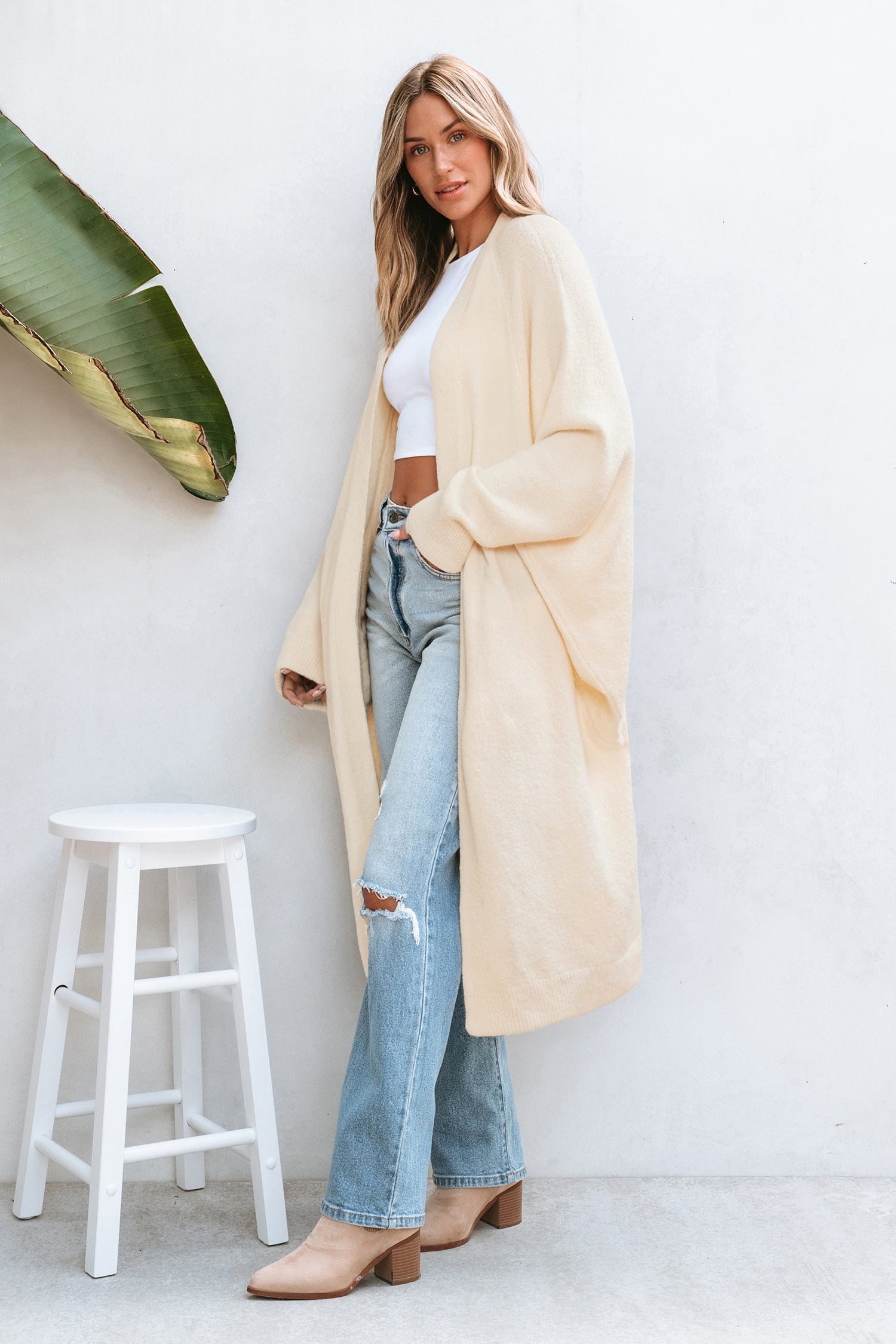 Dolmanärmel Lange Strickjacke in Beige