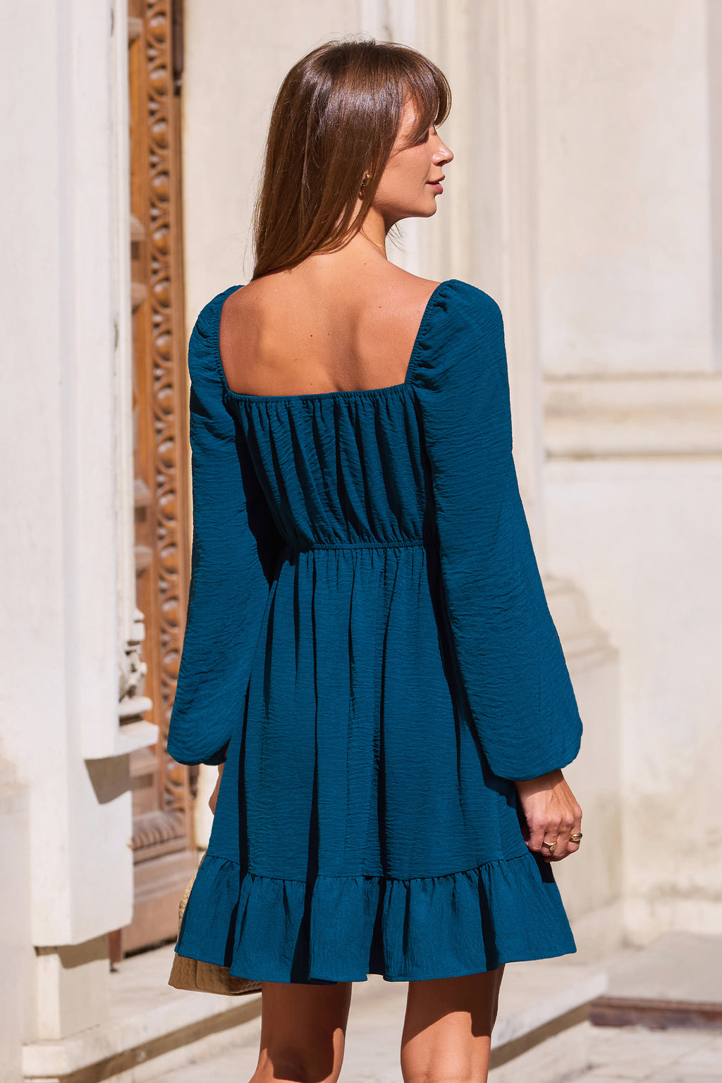 Blaues V-Ausschnitt Lange Ärmel Minikleid