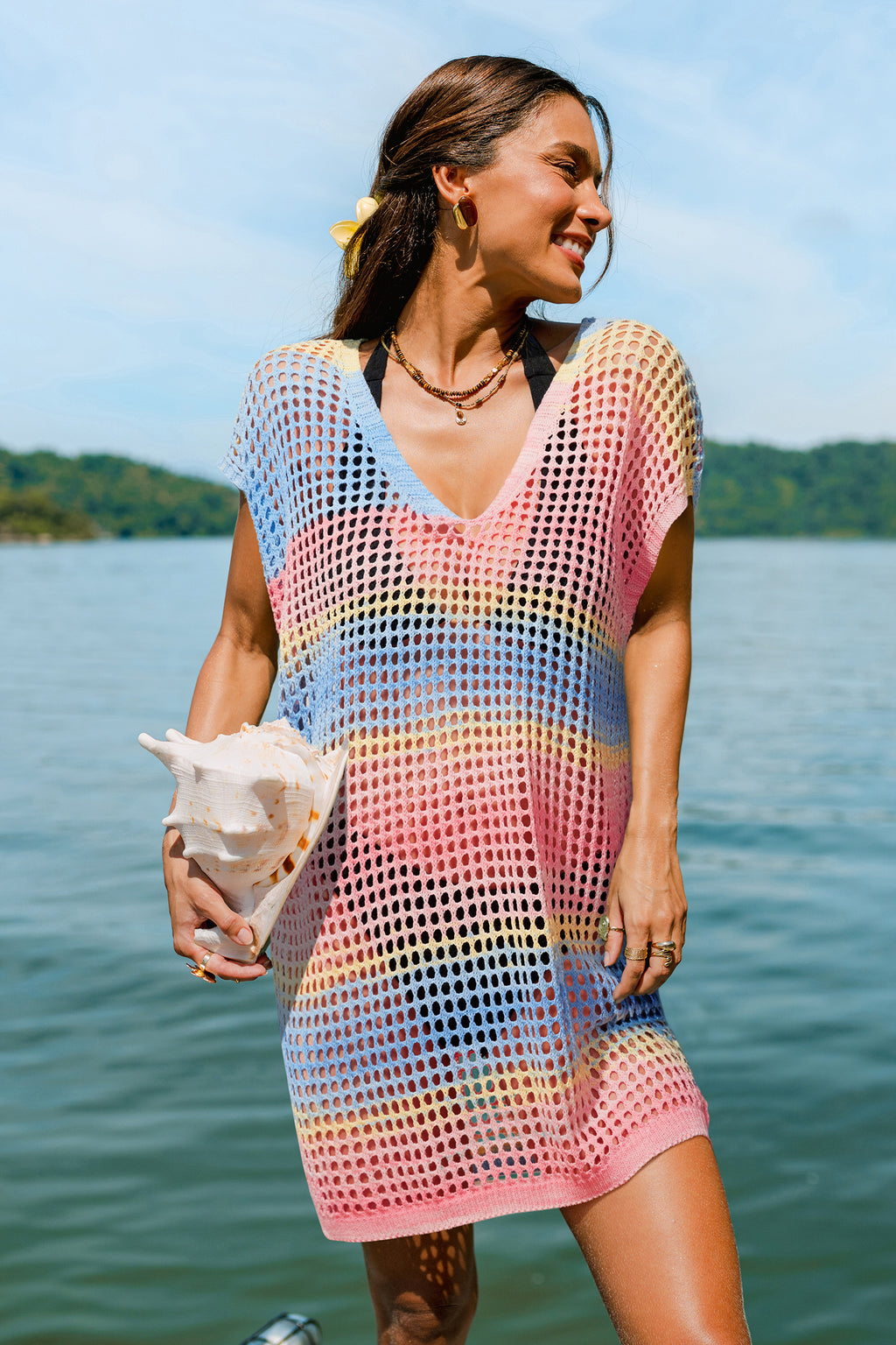 Bunt Gestreiftes Kurzarm Mini-Strick-Strandkleid