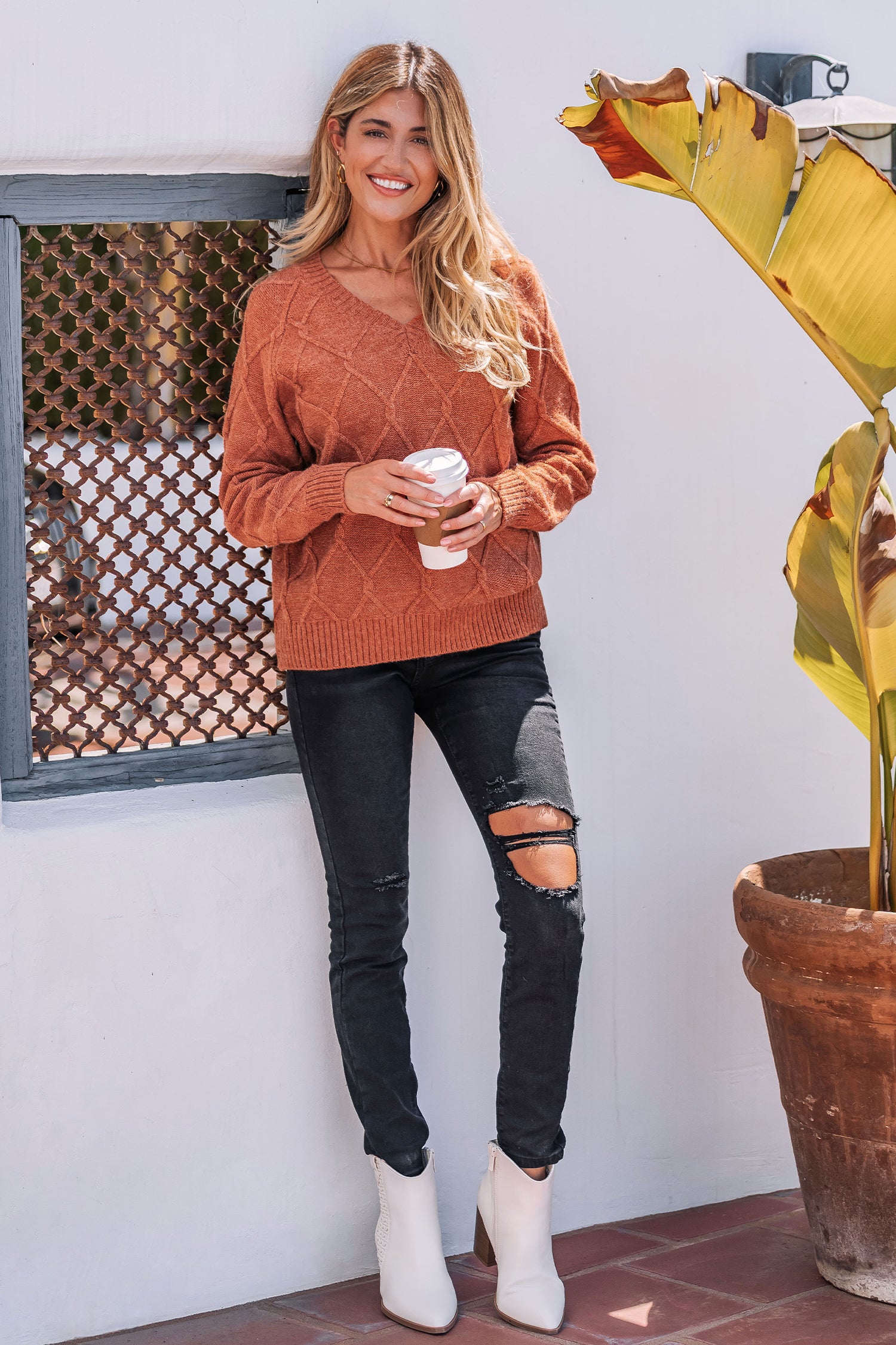 Orange V-Ausschnitt Lange Ärmel Pullover
