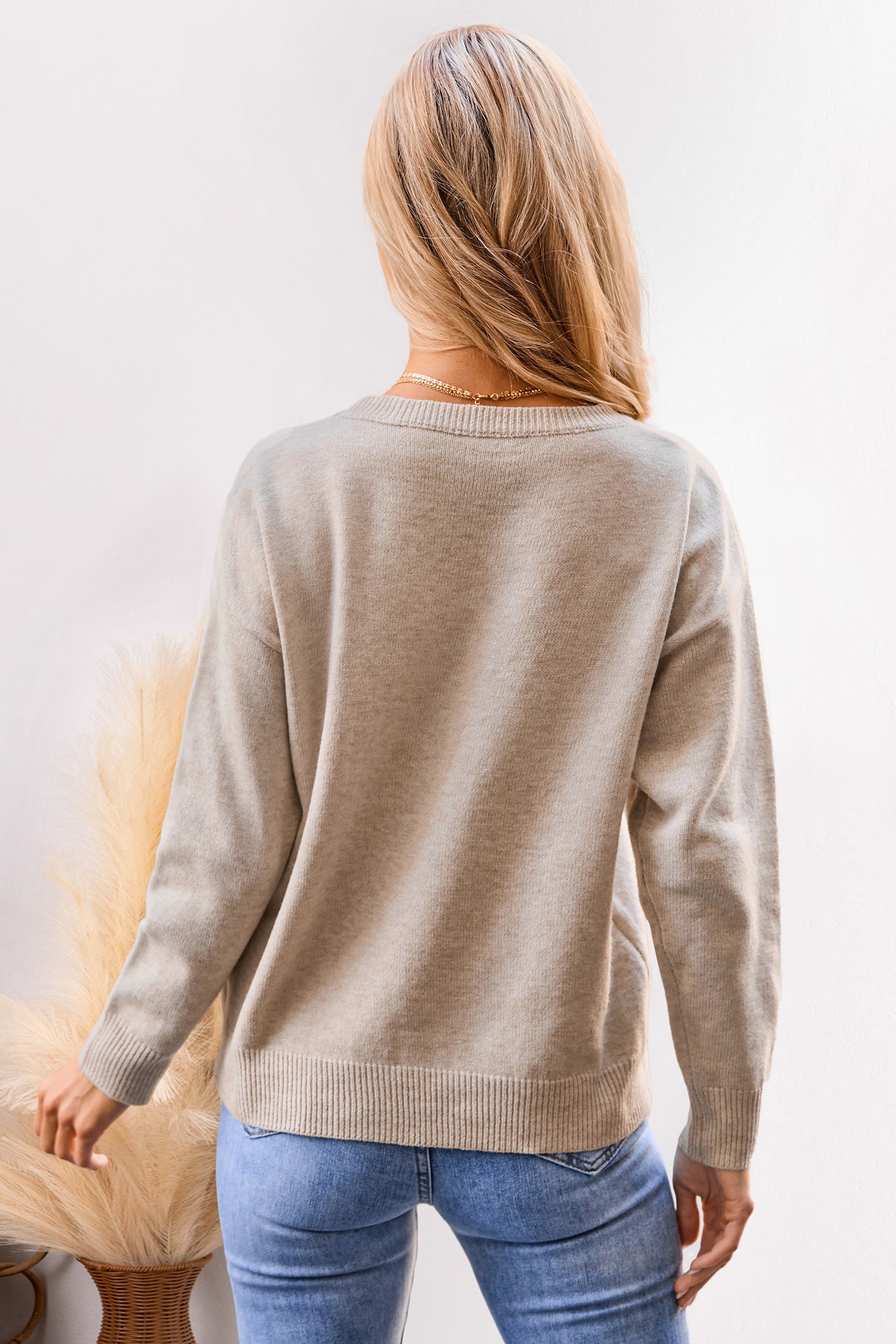Beiger Lange Ärmel Rundhals Pullover