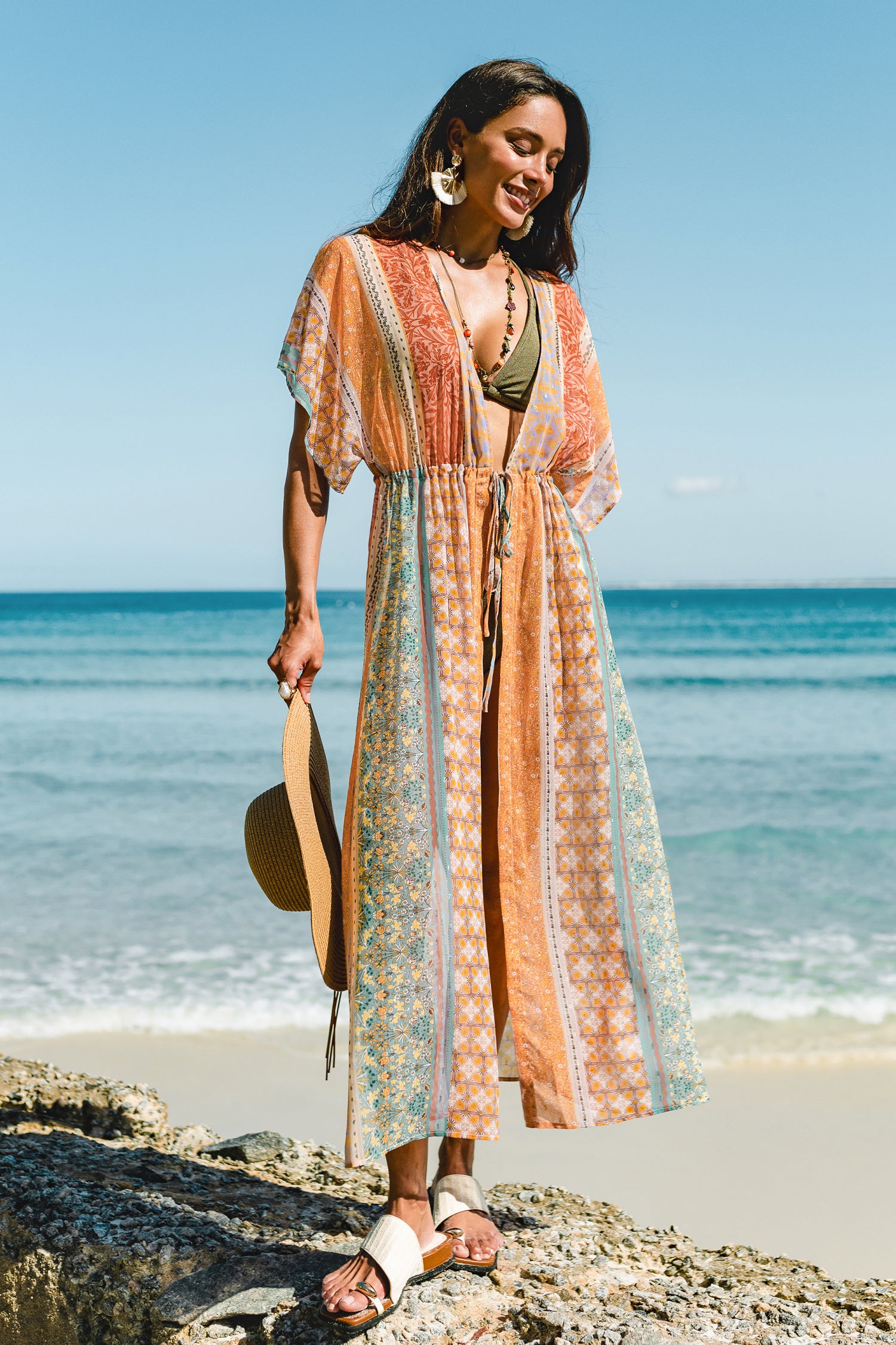 Strand-Kimono mit Fledermausärmeln und Patchwork-Muster